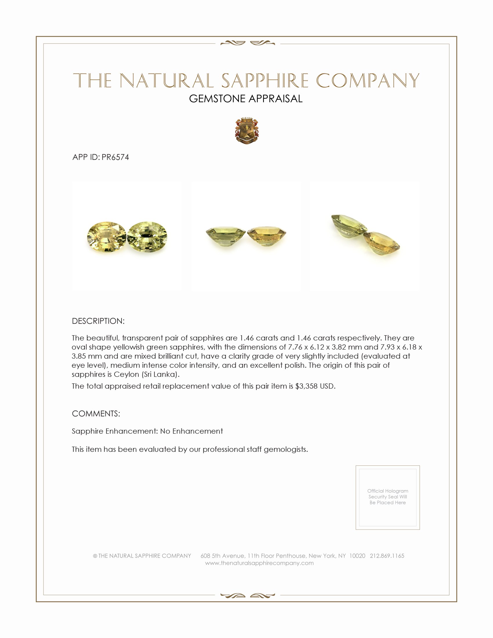 2.92 Ct.Tw. Yellowish Green Sapphire Pair from Ceylon (Sri Lanka)