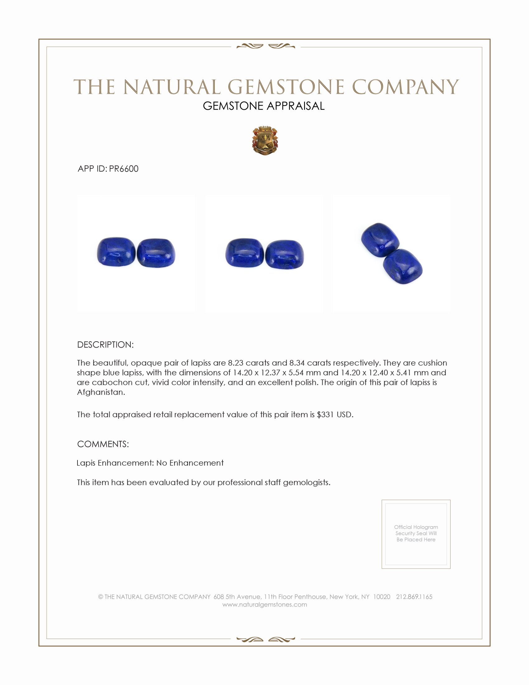 16.57 Ct.Tw. Cabochon Lapis Pair from Afghanistan