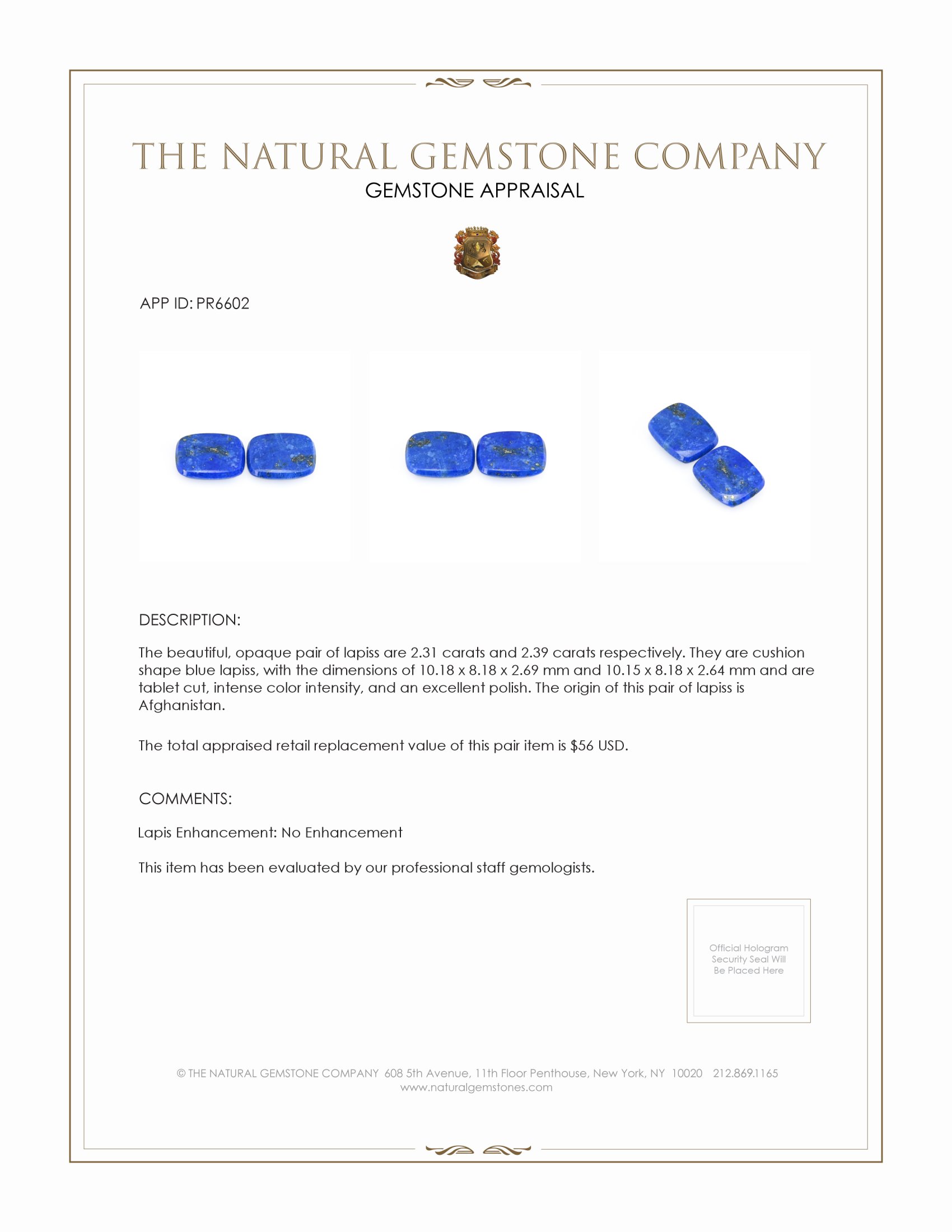 4.70 Ct.Tw. Lapis Pair from Afghanistan