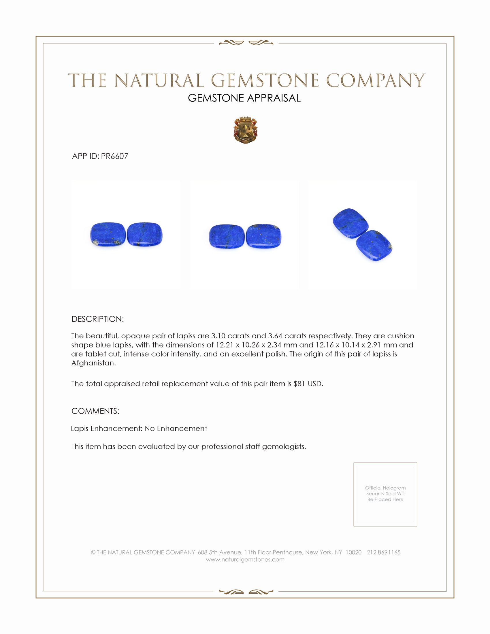 6.74 Ct.Tw. Lapis Pair from Afghanistan