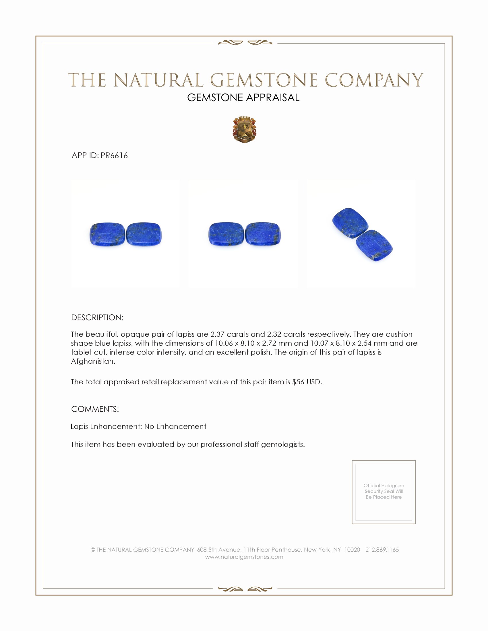 4.69 Ct.Tw. Lapis Pair from Afghanistan