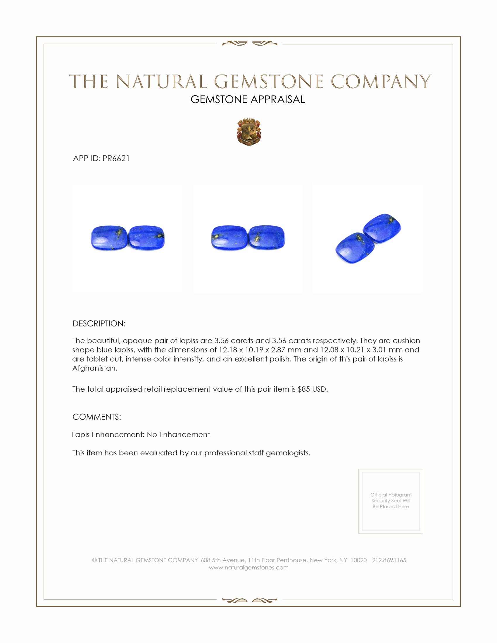 7.12 Ct.Tw. Lapis Pair from Afghanistan