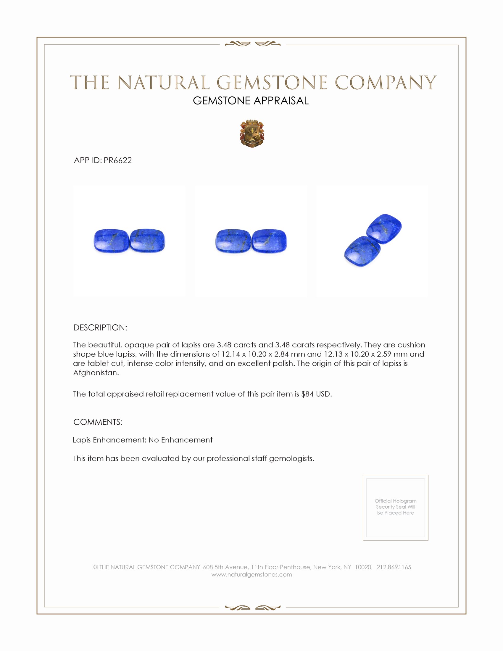 6.96 Ct.Tw. Lapis Pair from Afghanistan