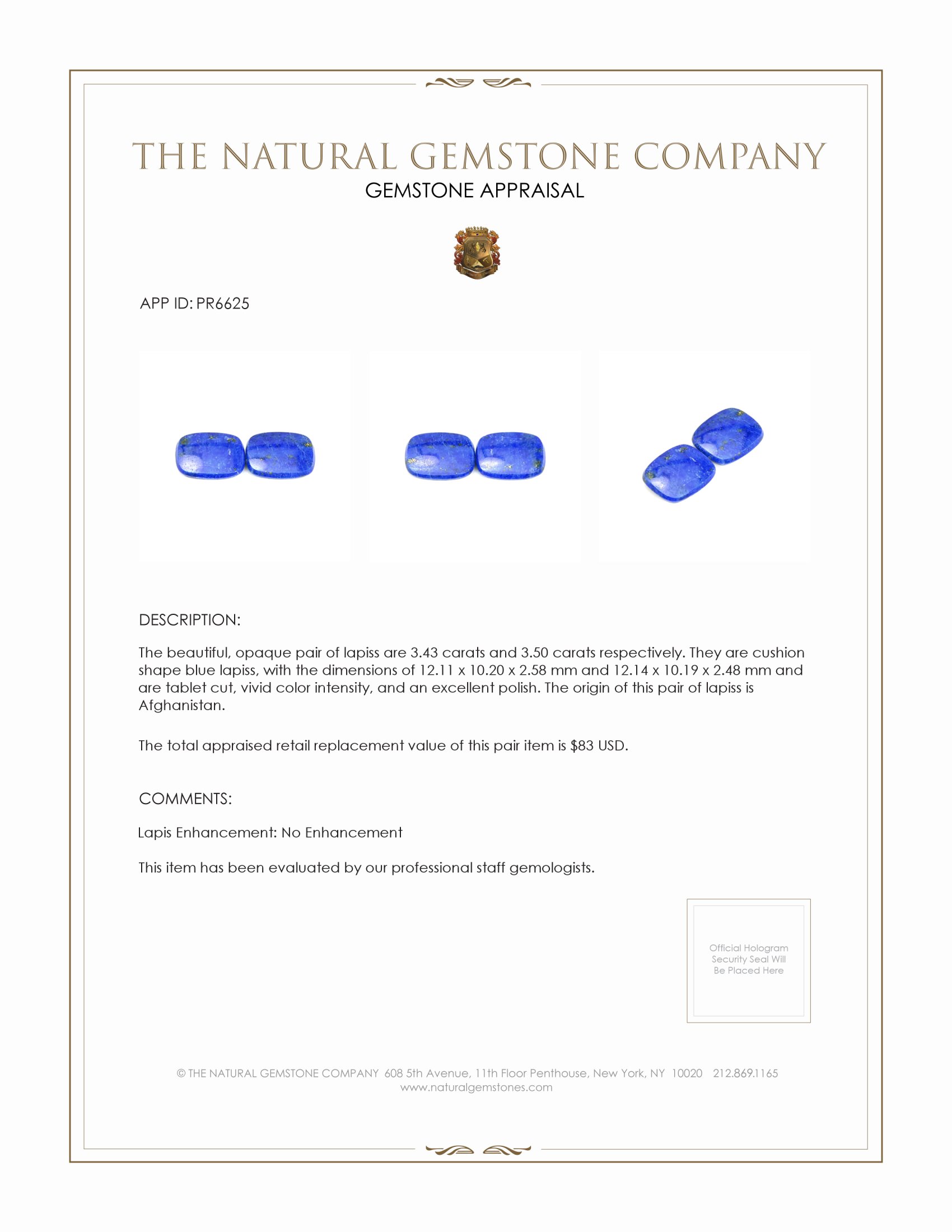 6.93 Ct.Tw. Lapis Pair from Afghanistan