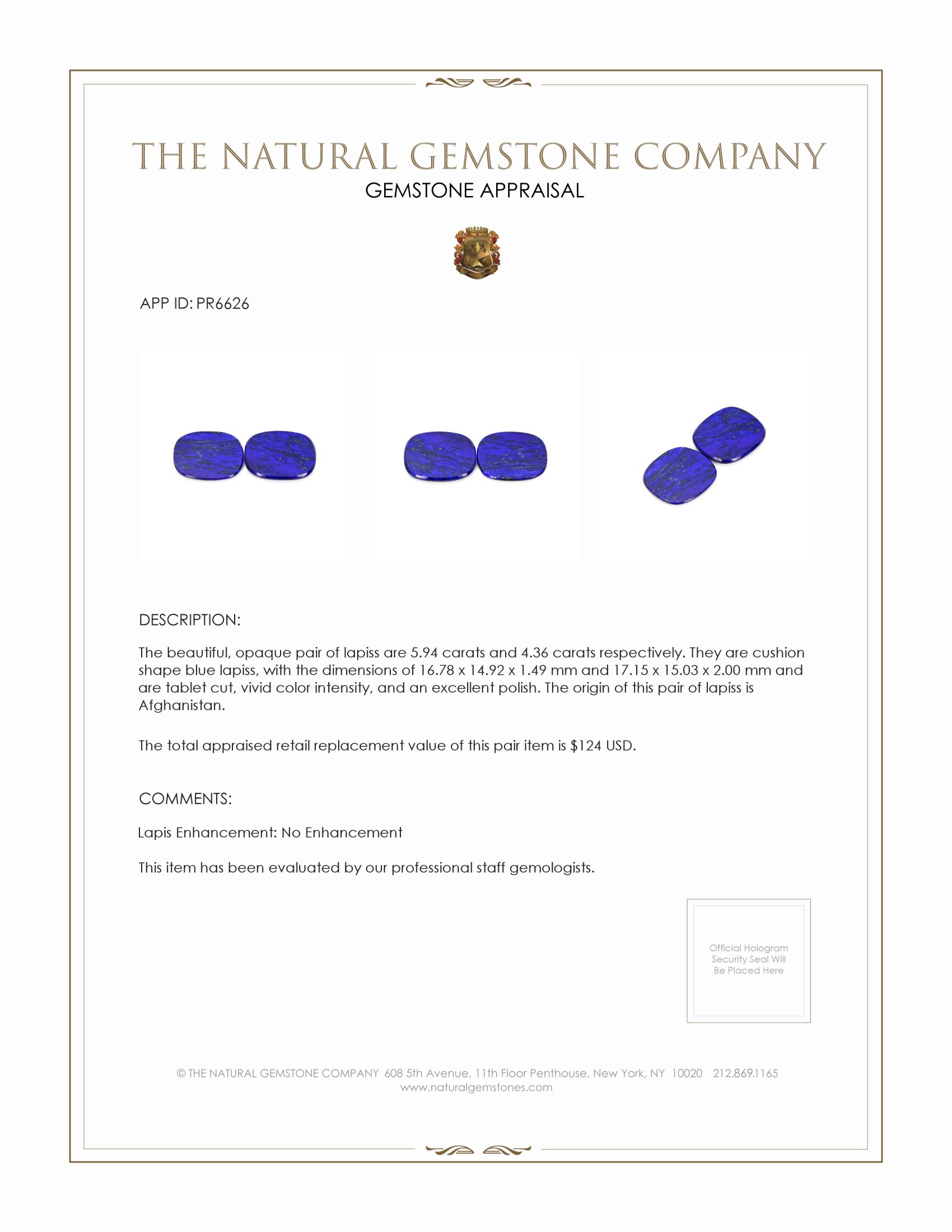 10.30 Ct.Tw. Lapis Pair from Afghanistan