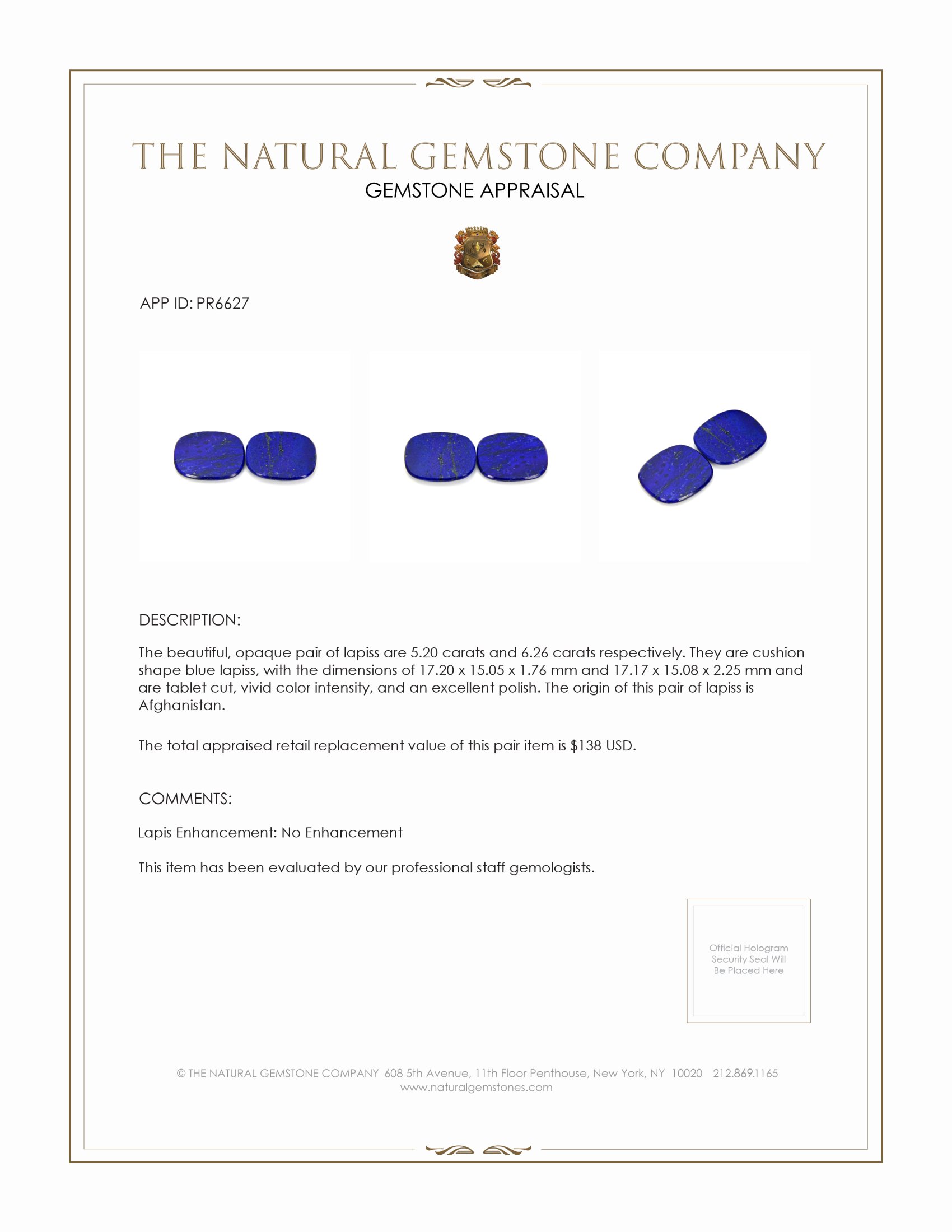 11.46 Ct.Tw. Lapis Pair from Afghanistan