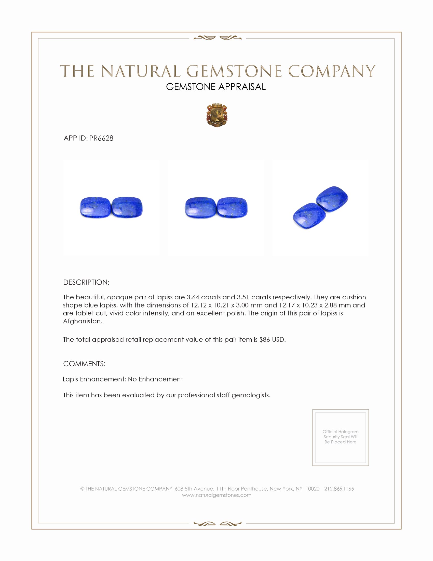 7.15 Ct.Tw. Lapis Pair from Afghanistan