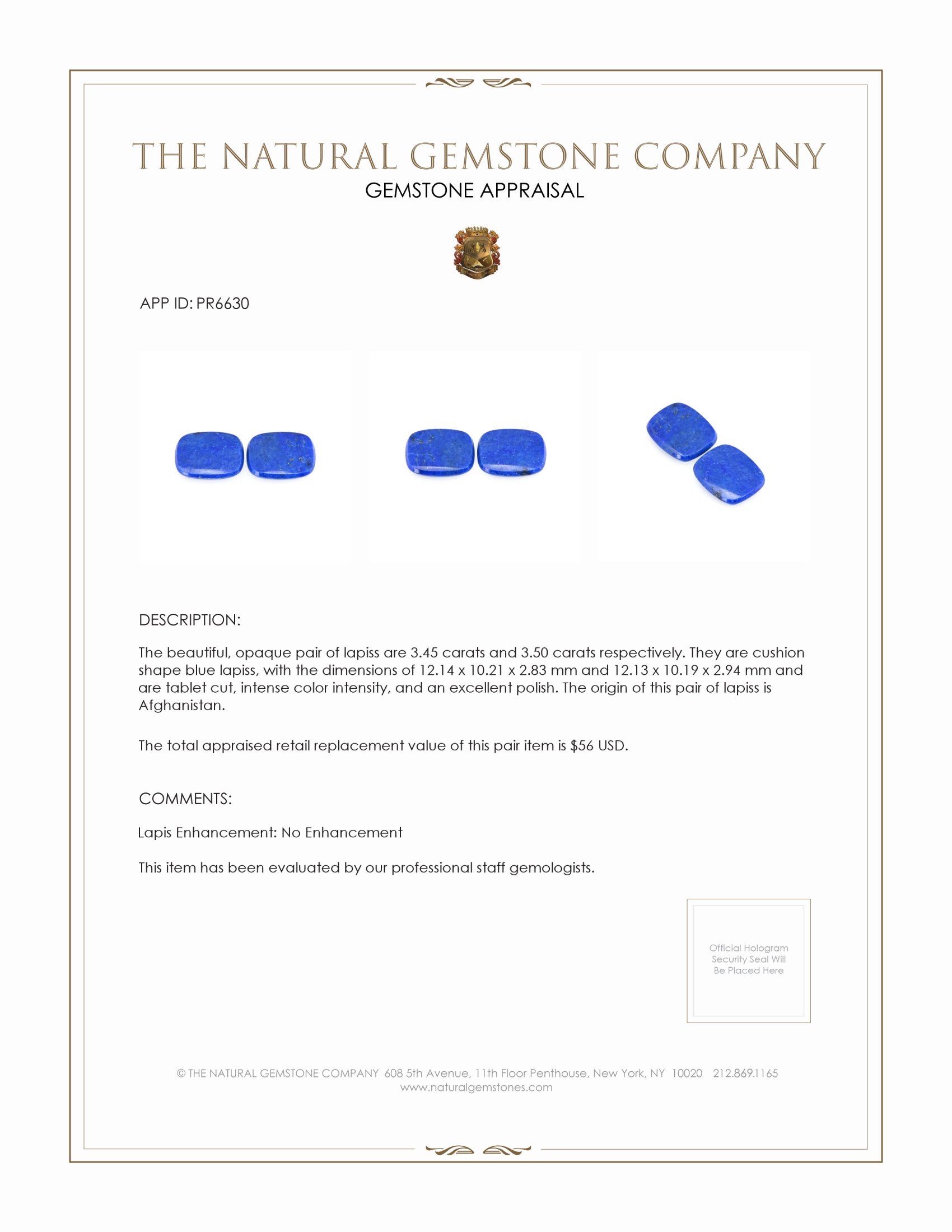6.95 Ct.Tw. Lapis Pair from Afghanistan