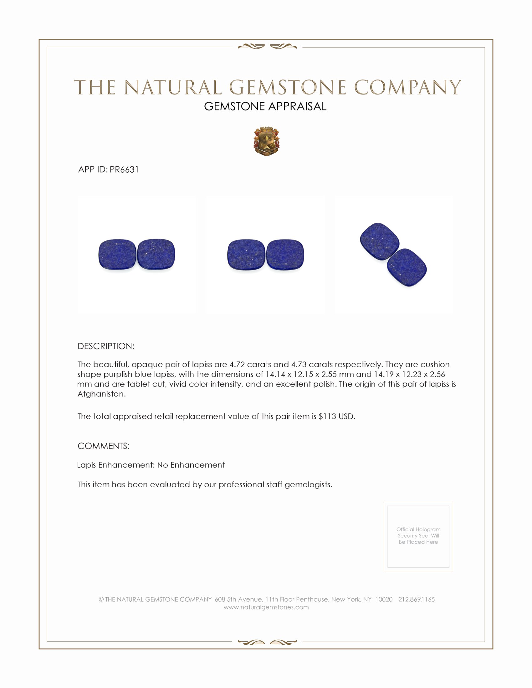 9.45 Ct.Tw. Lapis Pair from Afghanistan