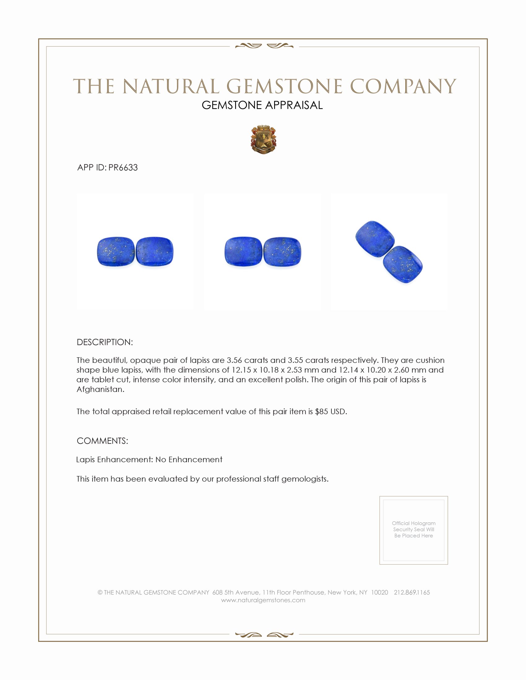 7.11 Ct.Tw. Lapis Pair from Afghanistan