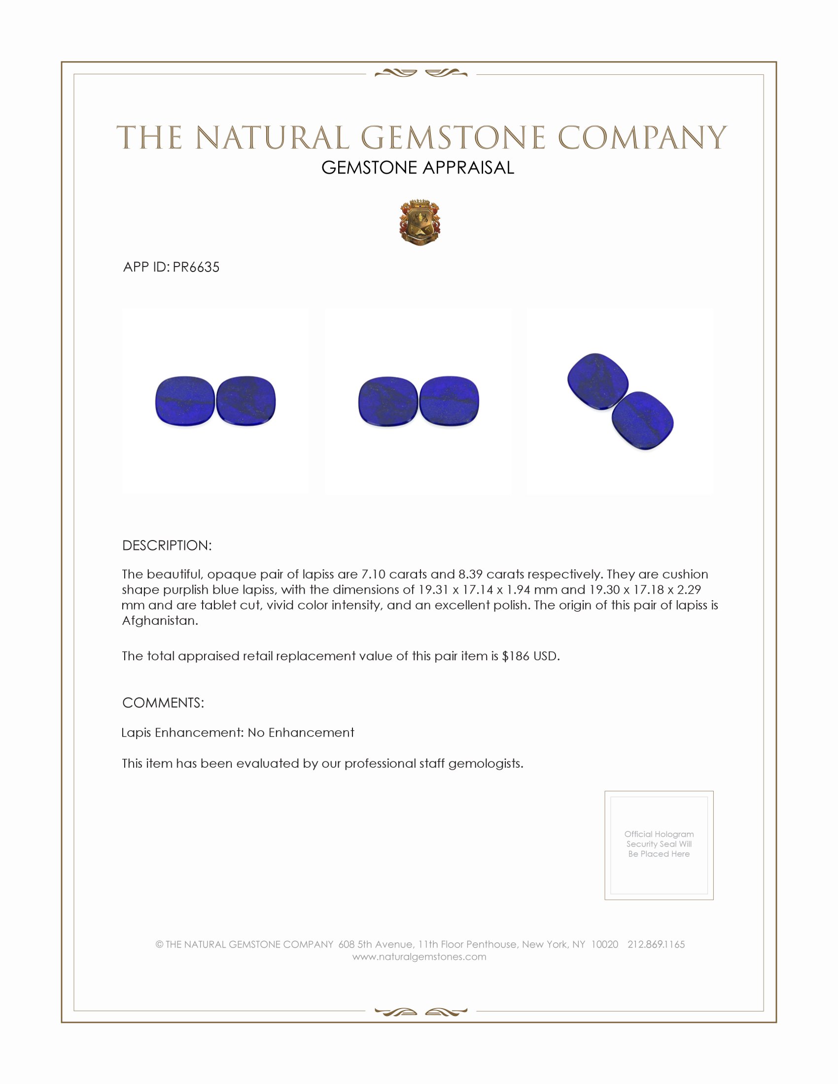 15.49 Ct.Tw. Lapis Pair from Afghanistan