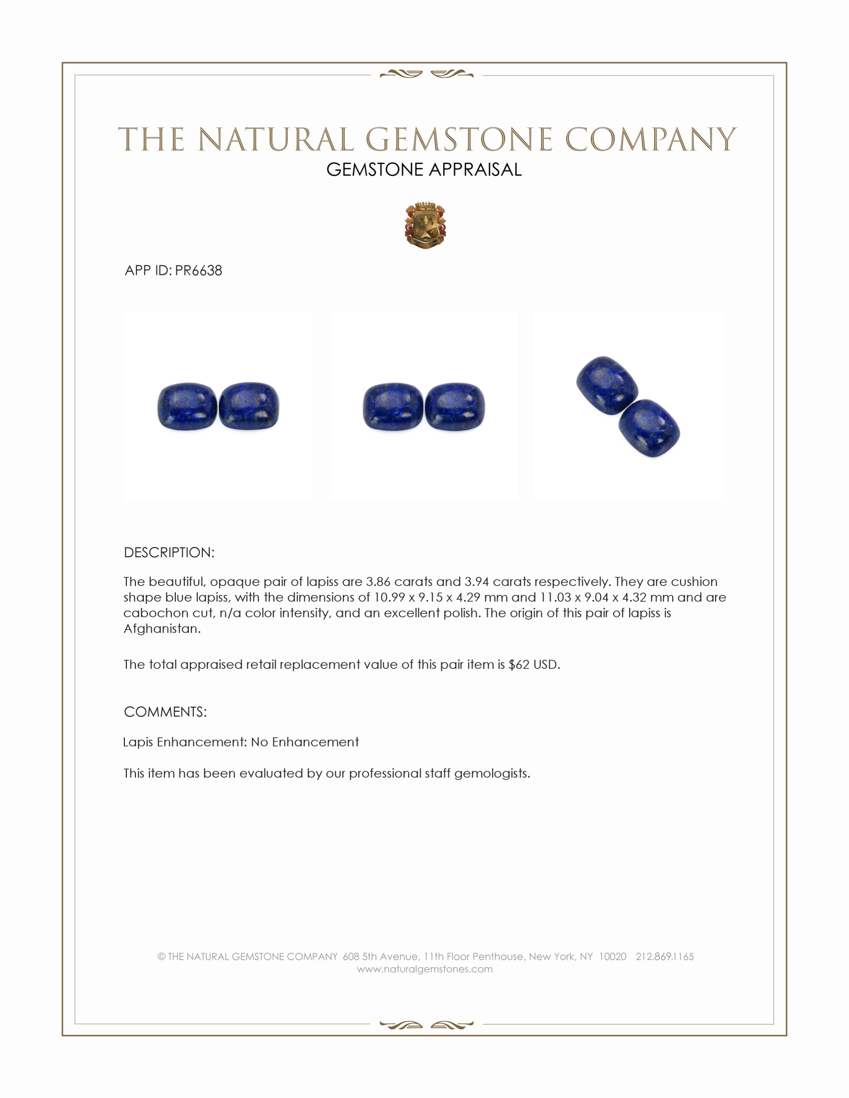 7.80 Ct.Tw. Cabochon Lapis Pair from Afghanistan