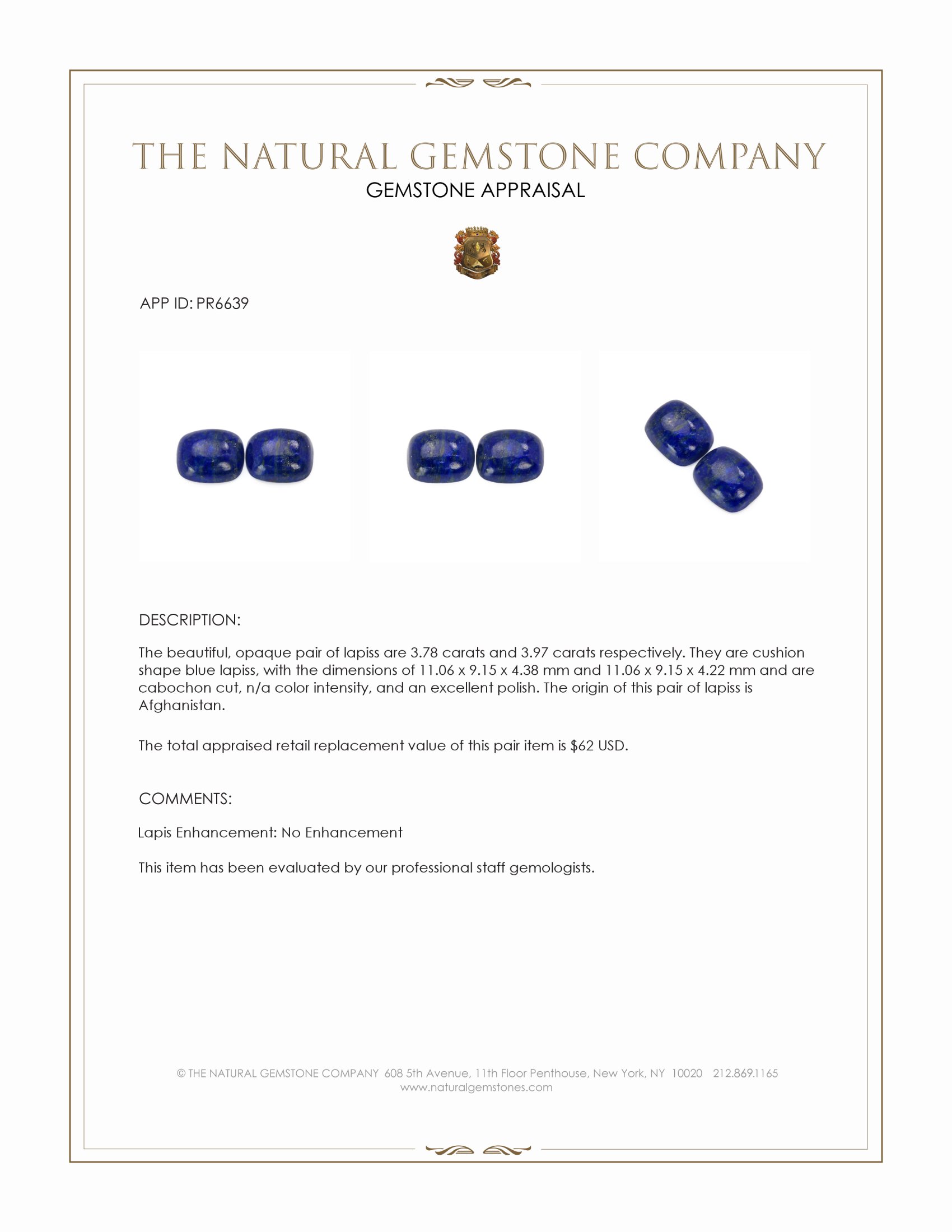 7.75 Ct.Tw. Cabochon Lapis Pair from Afghanistan