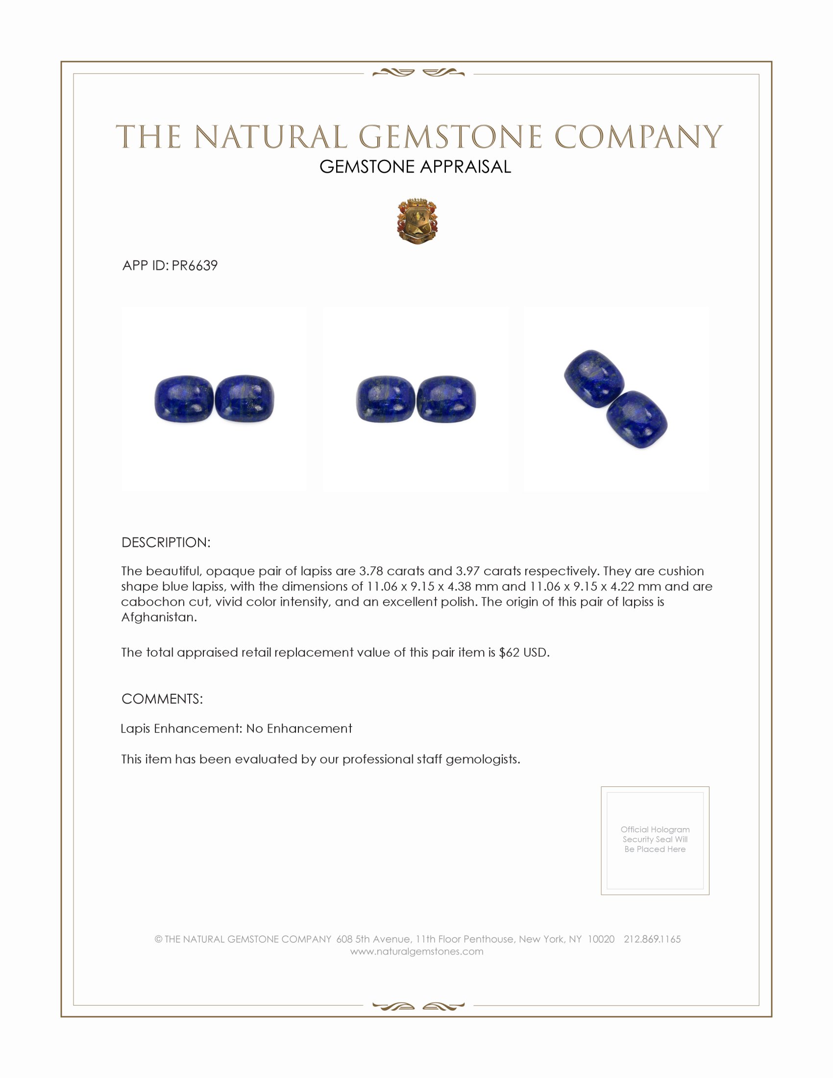 7.75 Ct.Tw. Cabochon Lapis Pair from Afghanistan