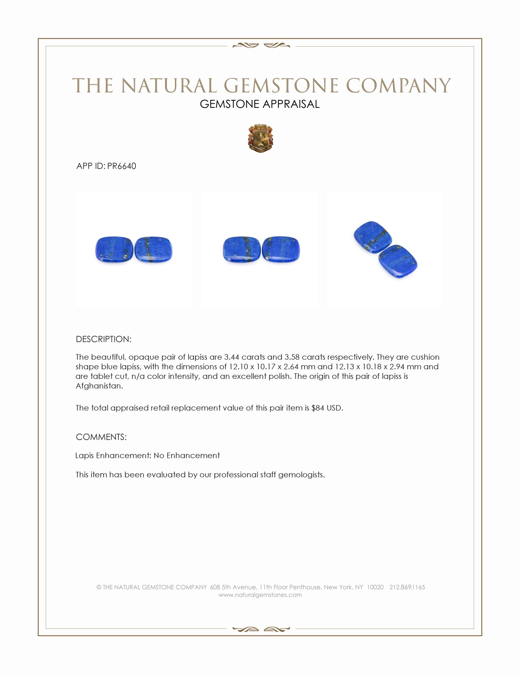 7.02 Ct.Tw. Lapis Pair from Afghanistan