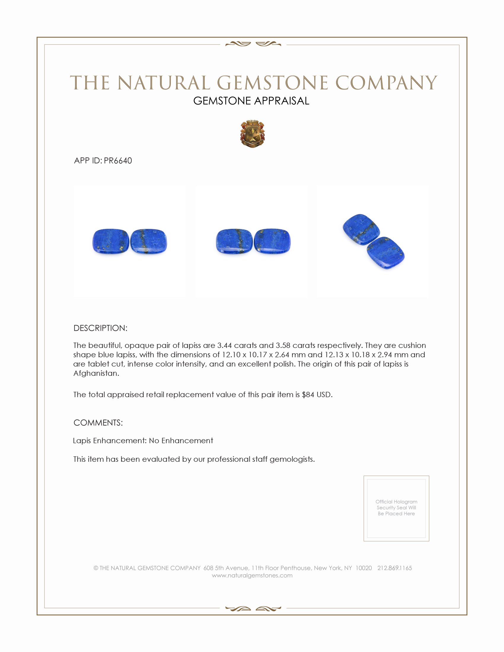 7.02 Ct.Tw. Lapis Pair from Afghanistan