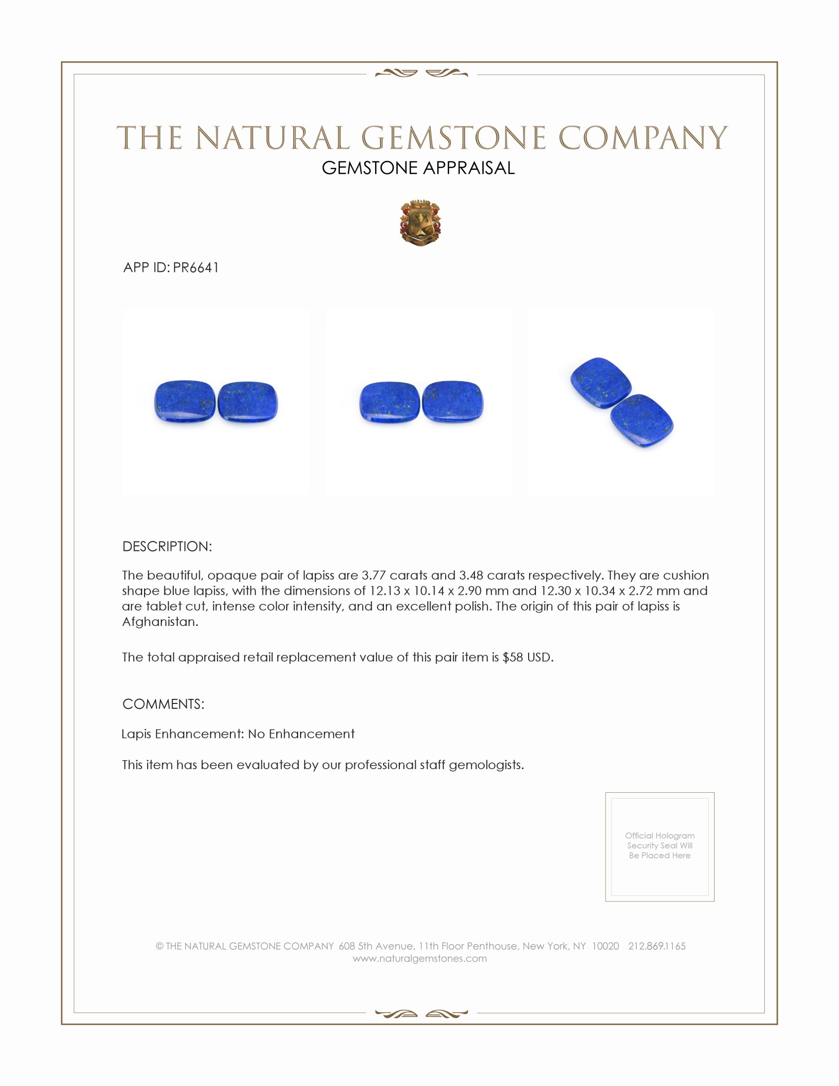 7.25 Ct.Tw. Lapis Pair from Afghanistan