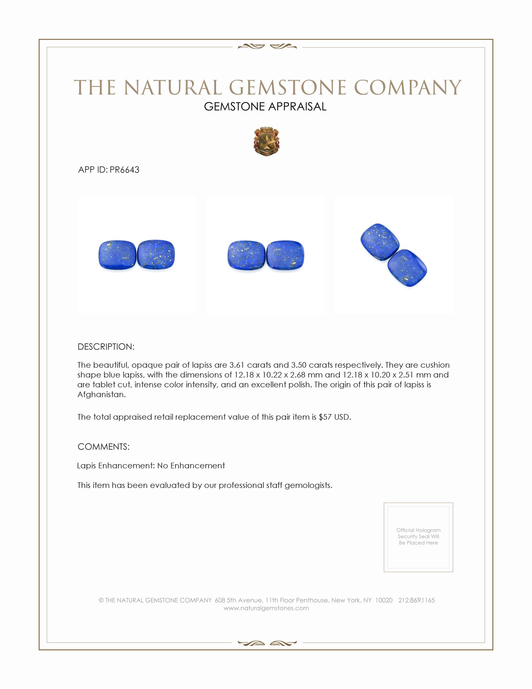 7.11 Ct.Tw. Lapis Pair from Afghanistan