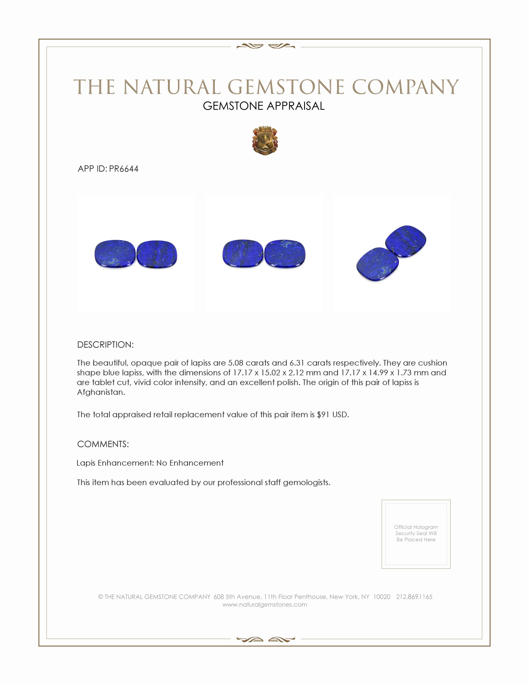 11.39 Ct.Tw. Lapis Pair from Afghanistan