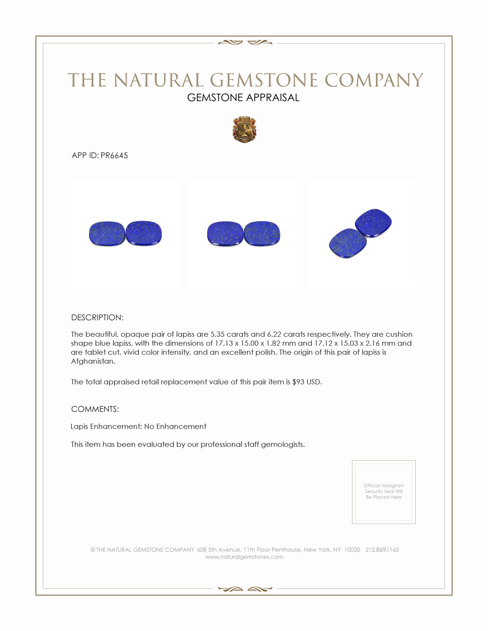11.57 Ct.Tw. Lapis Pair from Afghanistan