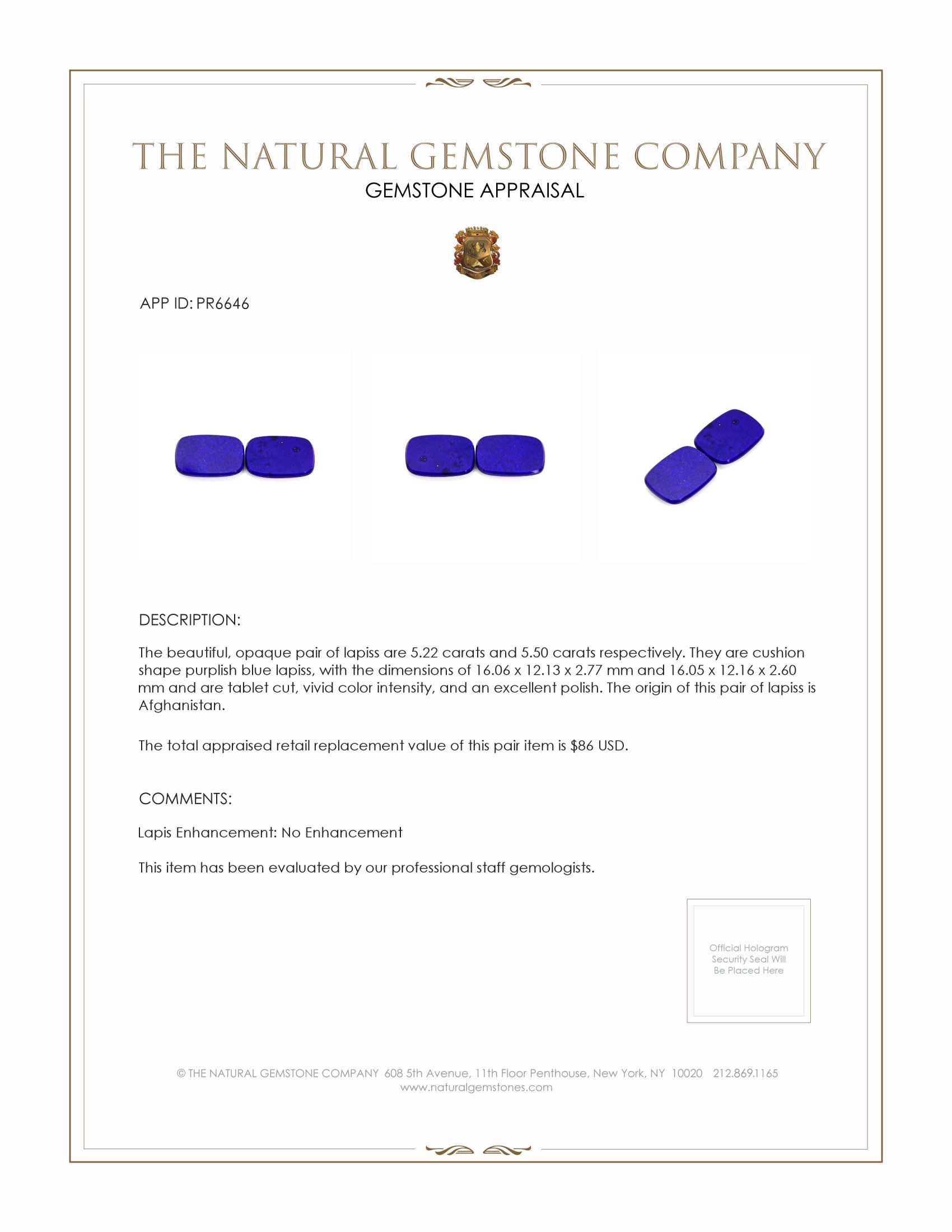 10.72 Ct.Tw. Lapis Pair from Afghanistan