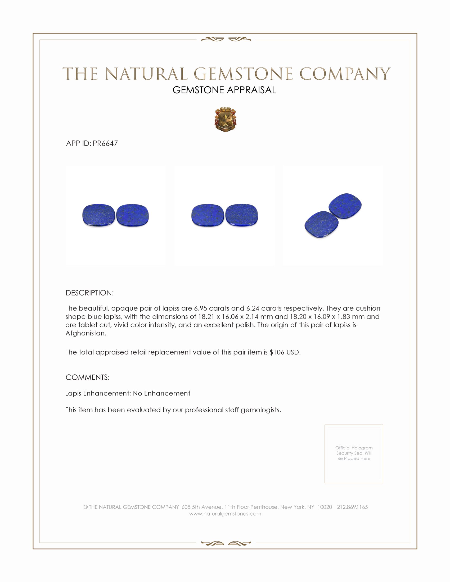13.19 Ct.Tw. Lapis Pair from Afghanistan