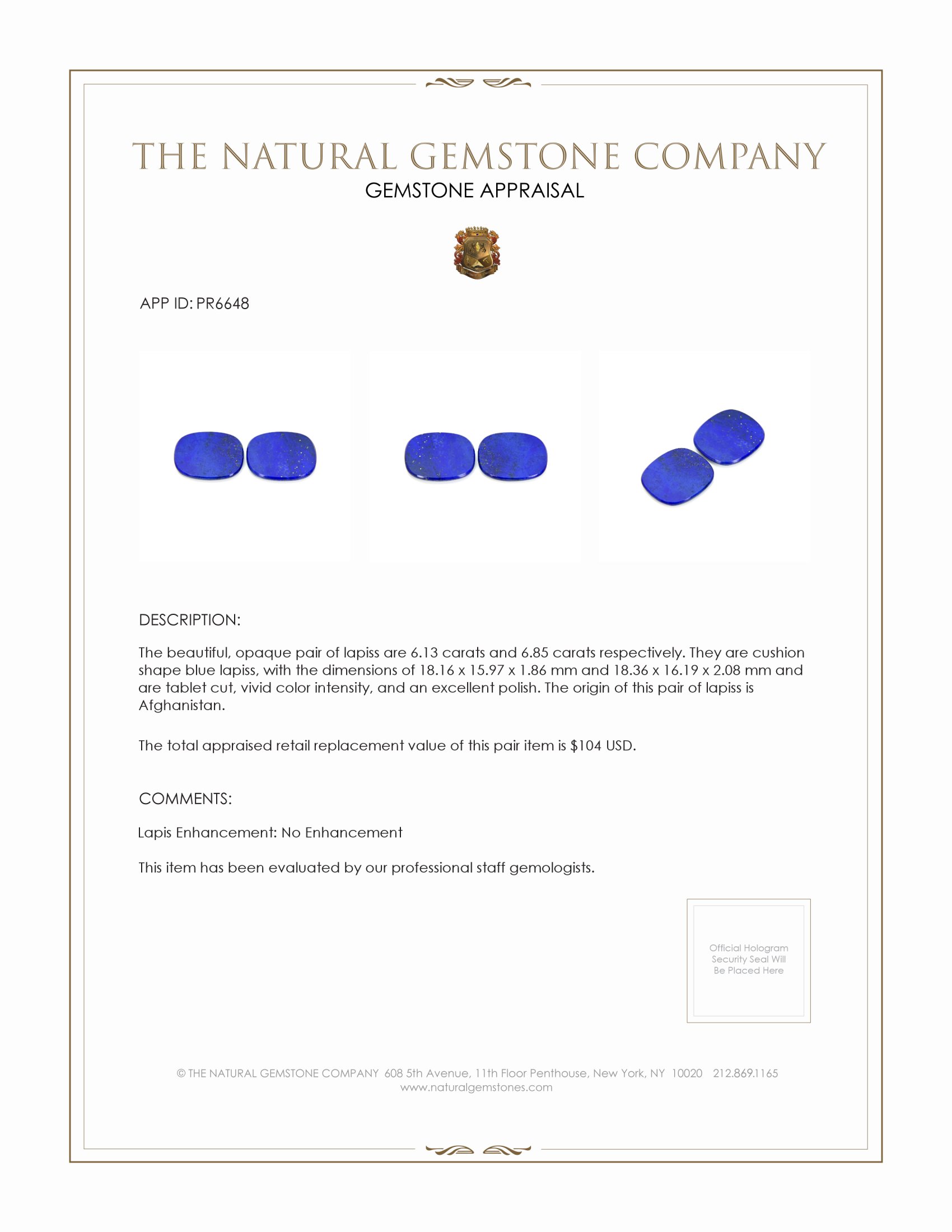 12.98 Ct.Tw. Lapis Pair from Afghanistan