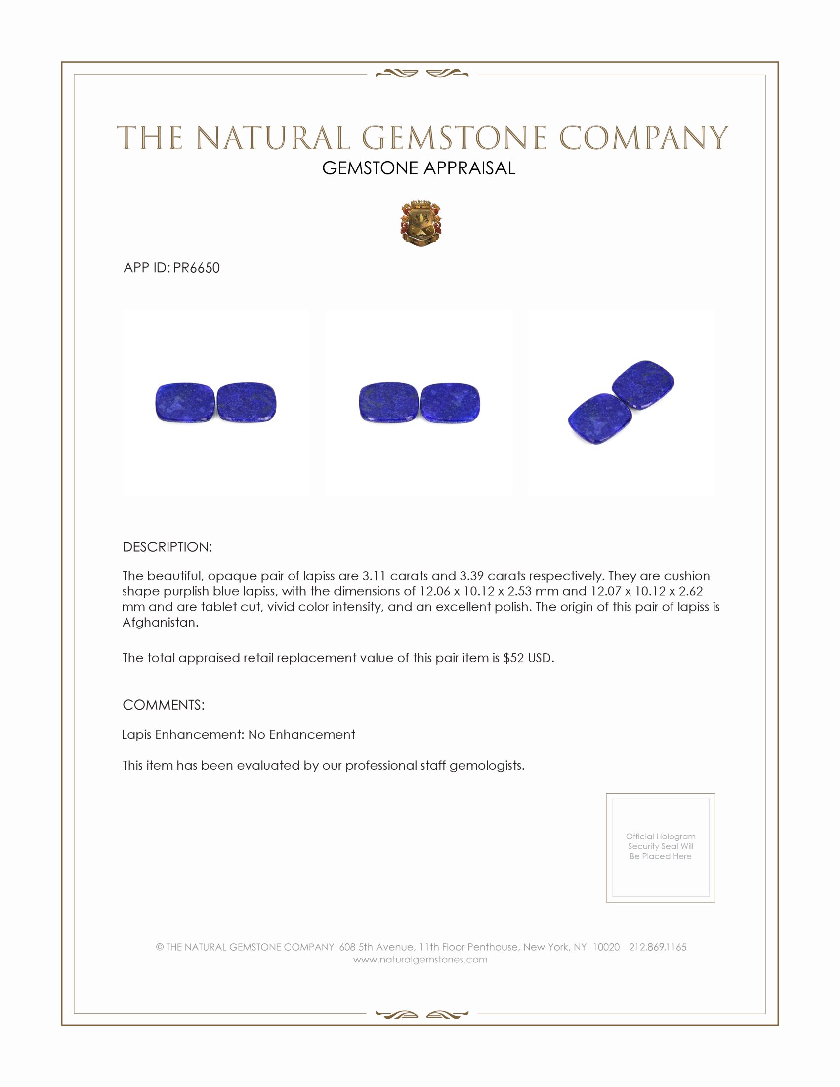 6.50 Ct.Tw. Lapis Pair from Afghanistan