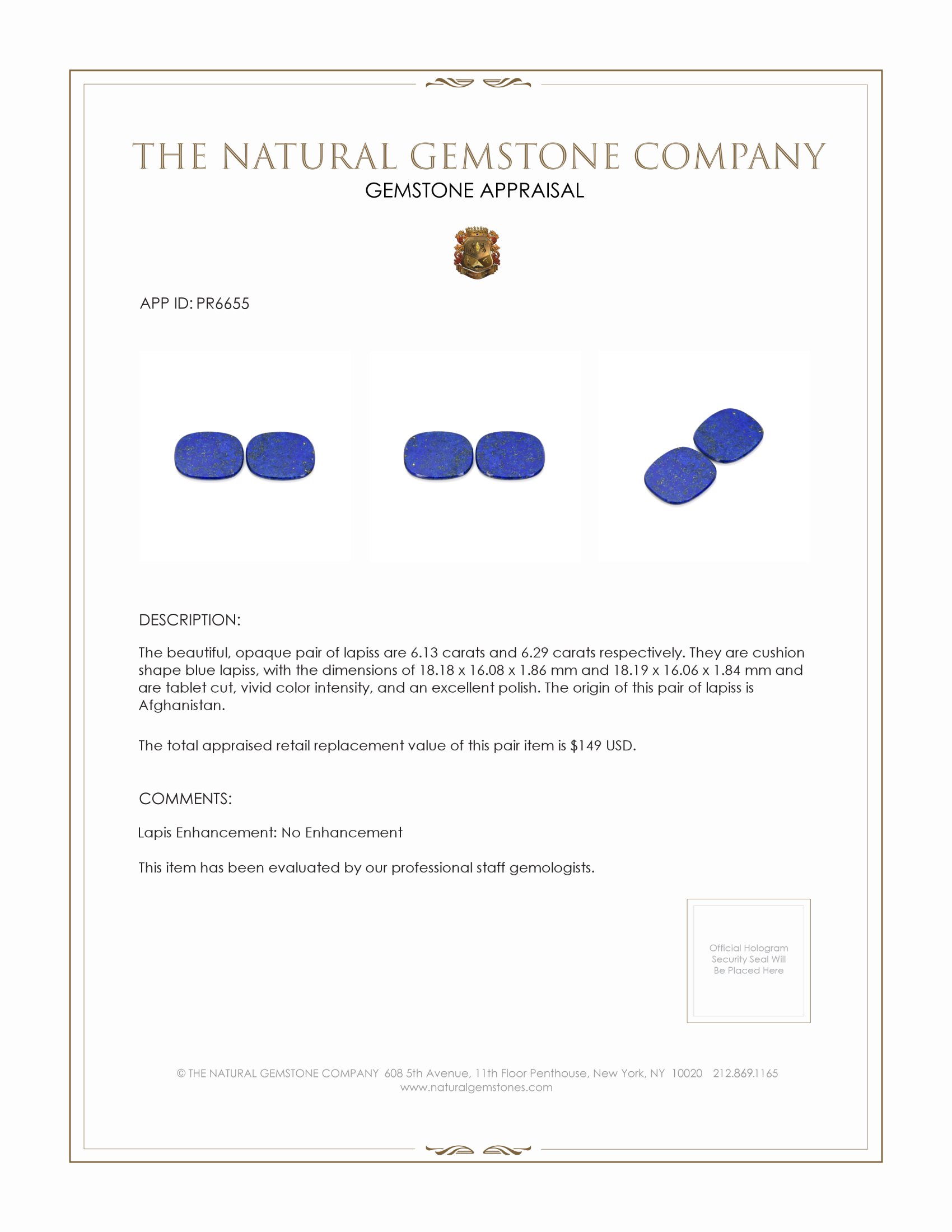 12.42 Ct.Tw. Lapis Pair from Afghanistan