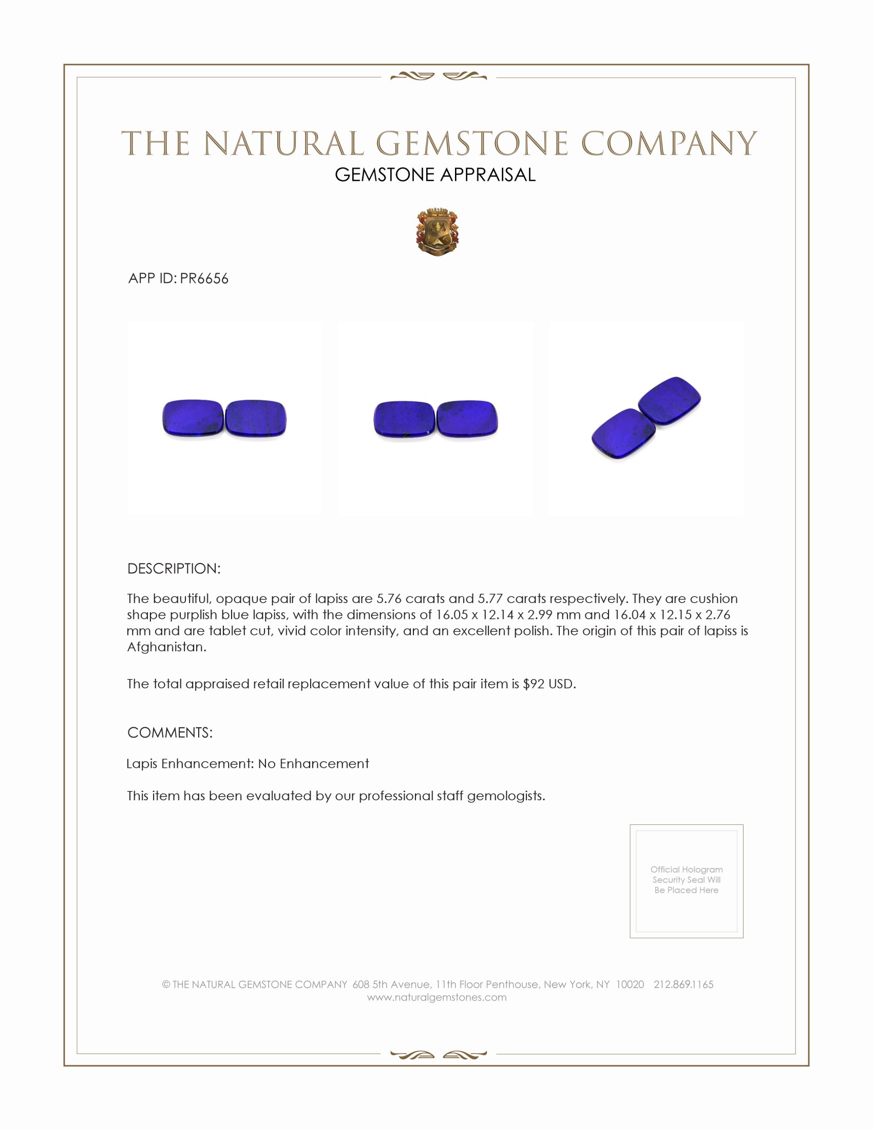 11.53 Ct.Tw. Lapis Pair from Afghanistan