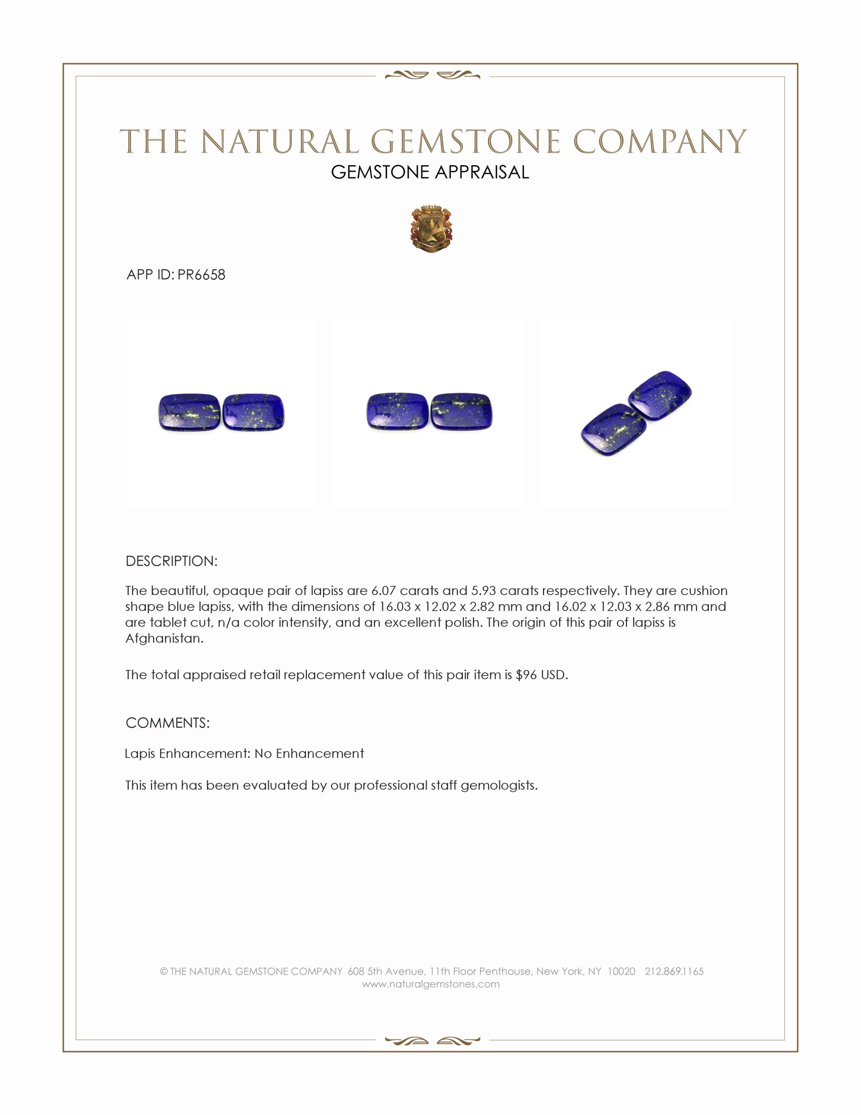 12.00 Ct.Tw. Lapis Pair from Afghanistan