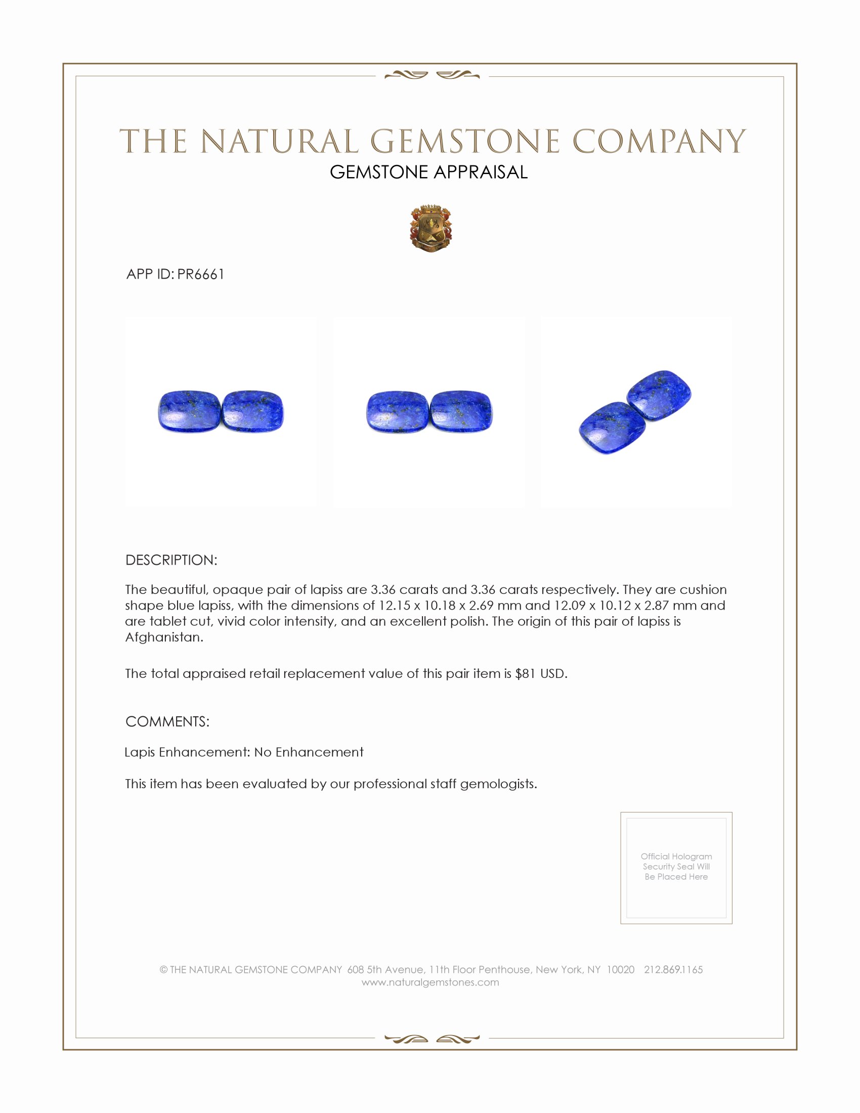 6.72 Ct.Tw. Lapis Pair from Afghanistan