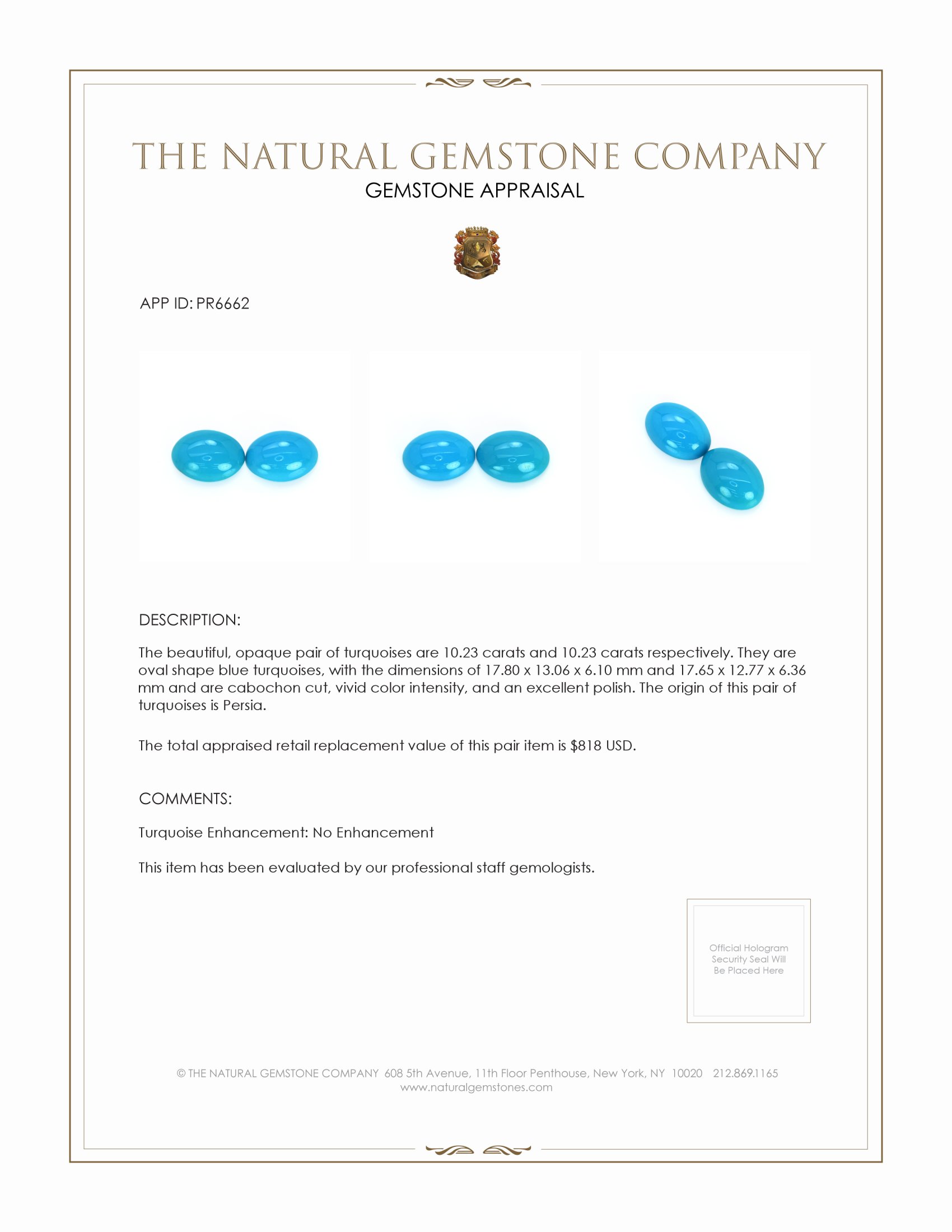 20.46 Ct.Tw. Cabochon Turquoise Pair from Persia(Iran)