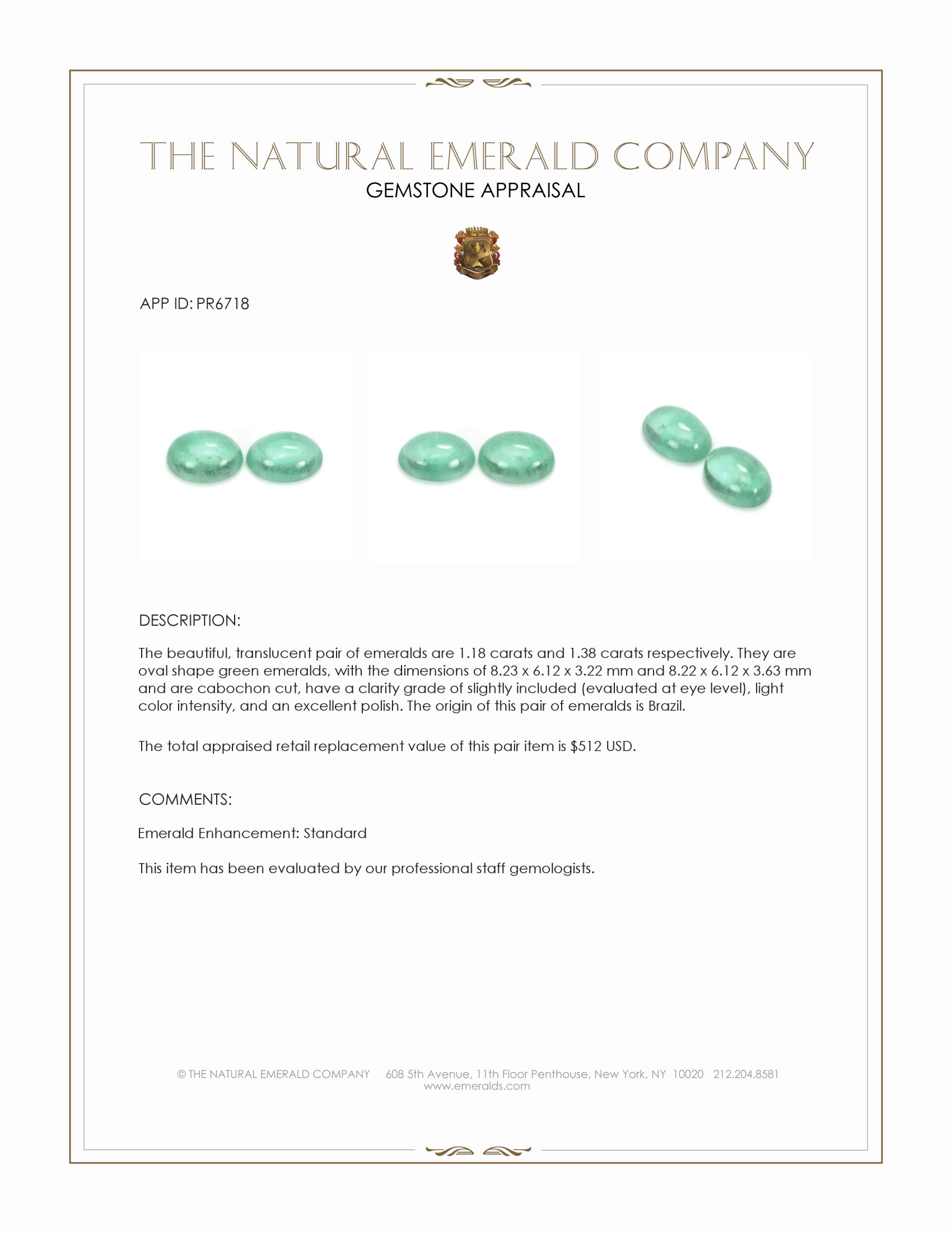 2.56 Ct.Tw. Cabochon Emerald Pair from Brazil