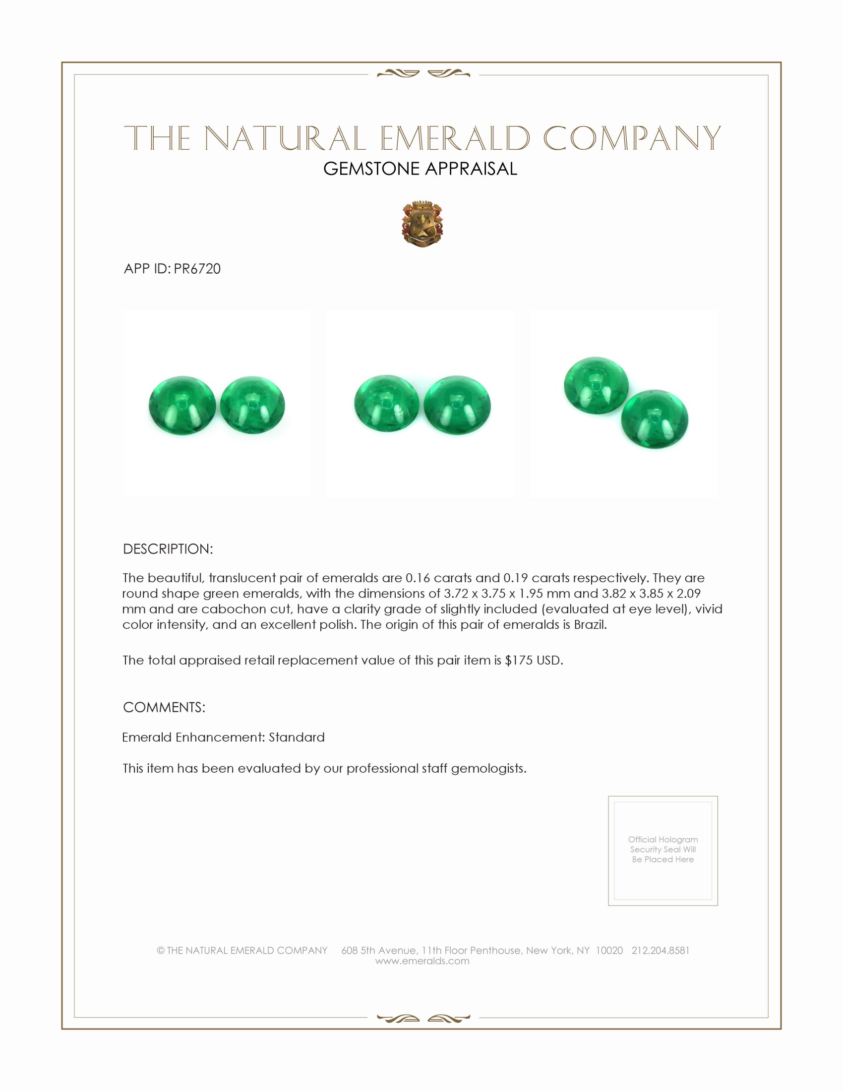 0.35 Ct.Tw. Cabochon Emerald Pair from Brazil