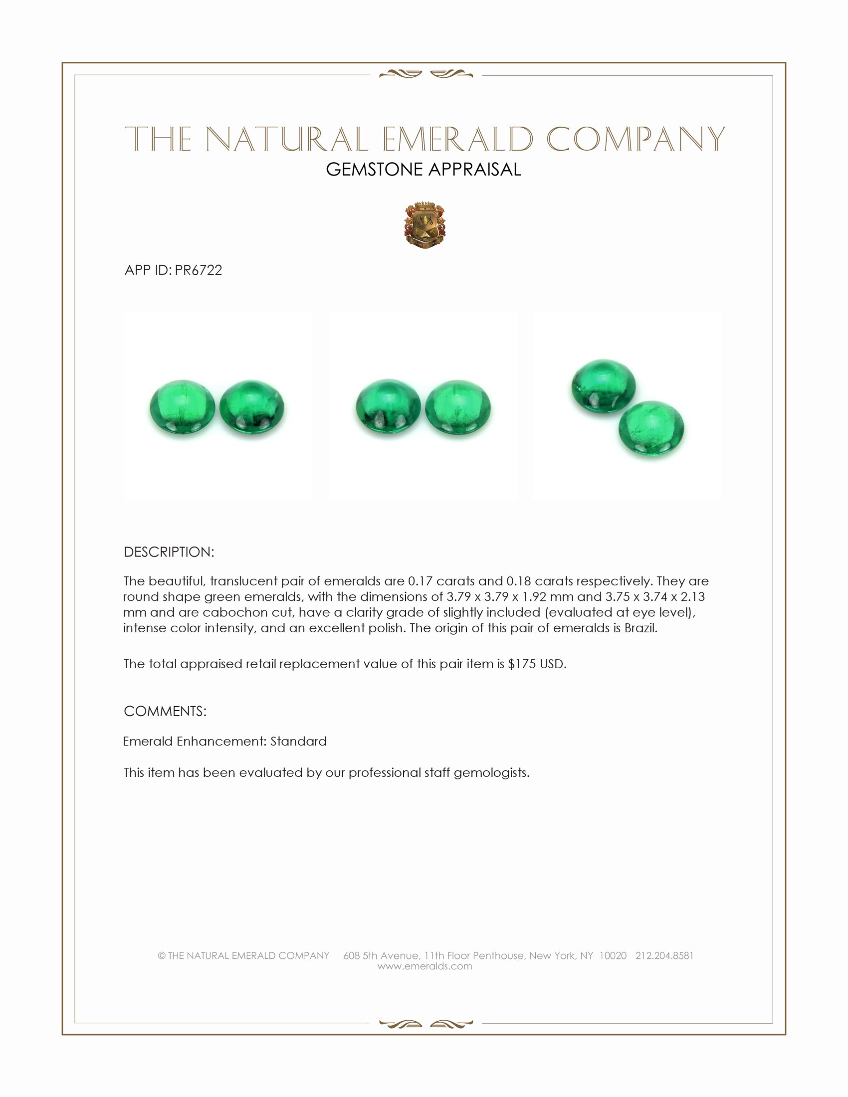 0.35 Ct.Tw. Cabochon Emerald Pair from Brazil