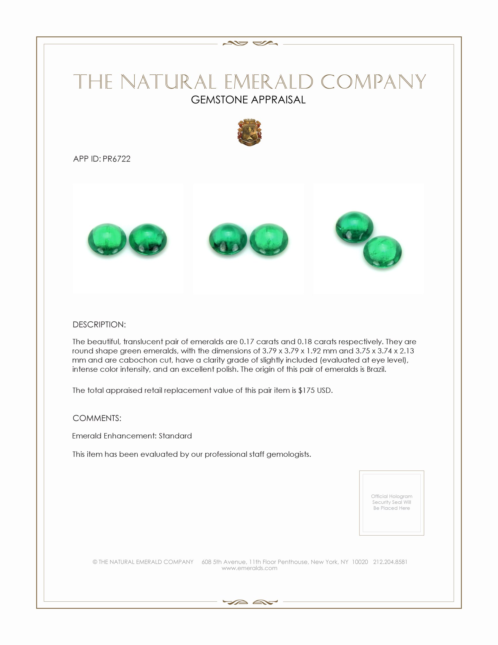 0.35 Ct.Tw. Cabochon Emerald Pair from Brazil