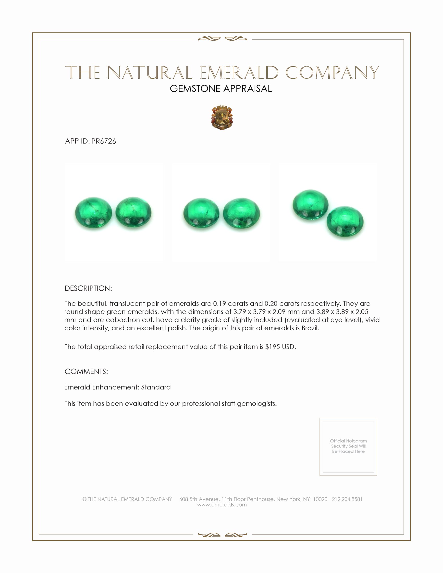 0.39 Ct.Tw. Cabochon Emerald Pair from Brazil