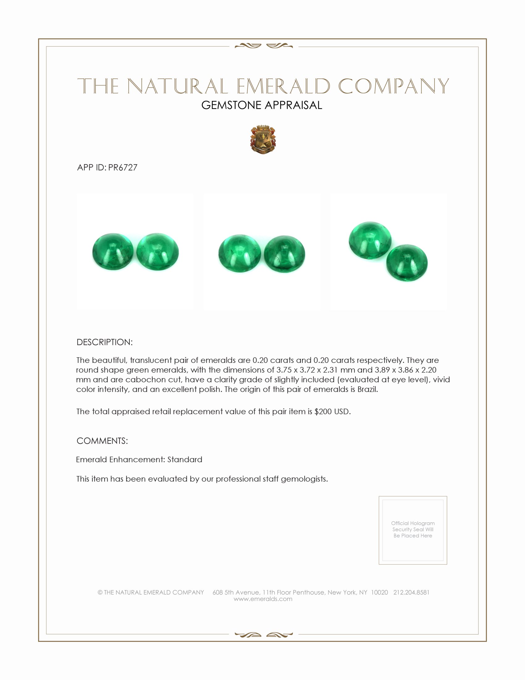 0.40 Ct.Tw. Cabochon Emerald Pair from Brazil