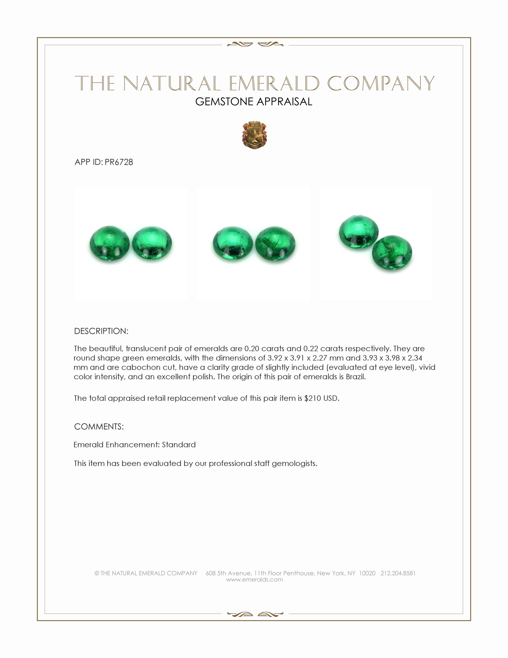 0.42 Ct.Tw. Cabochon Emerald Pair from Brazil