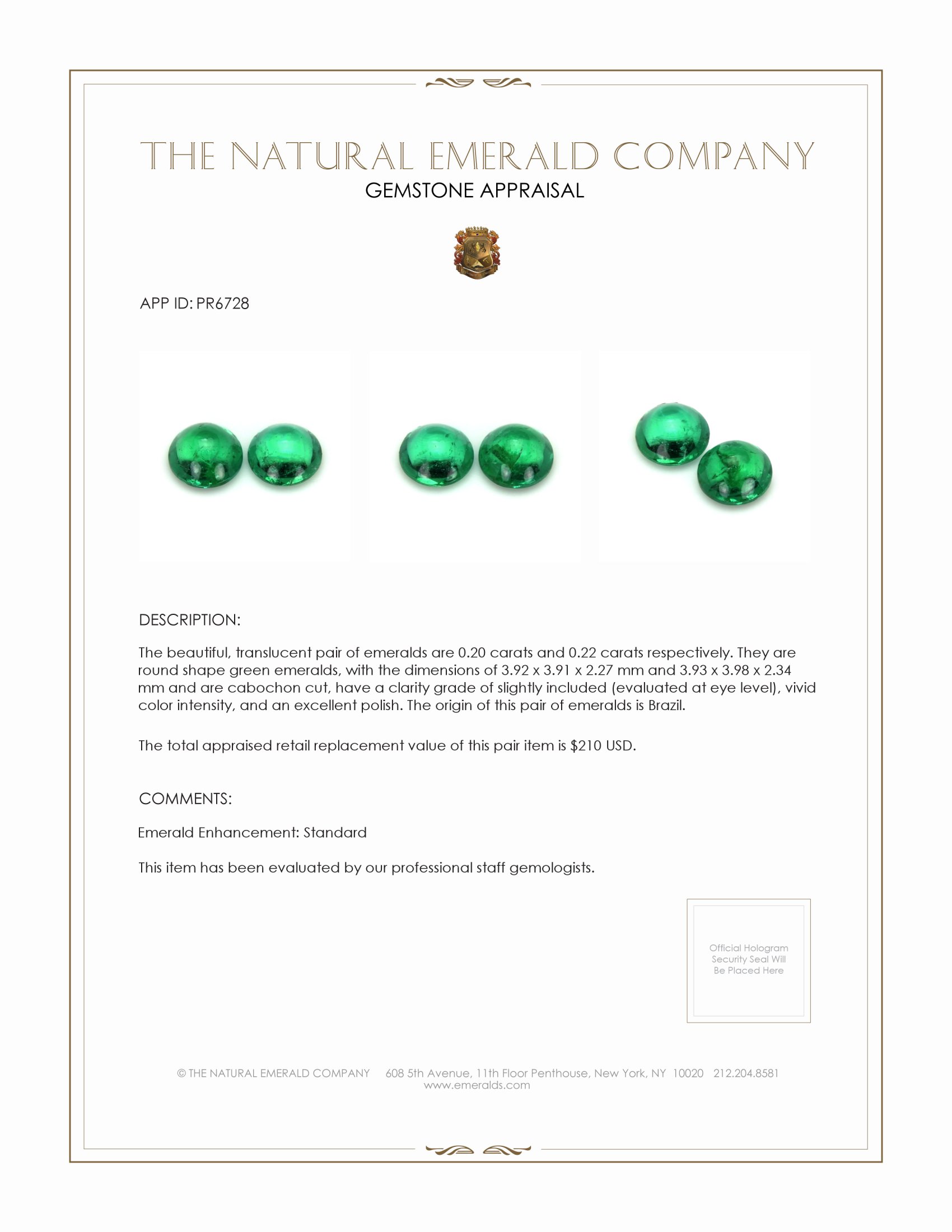 0.42 Ct.Tw. Cabochon Emerald Pair from Brazil