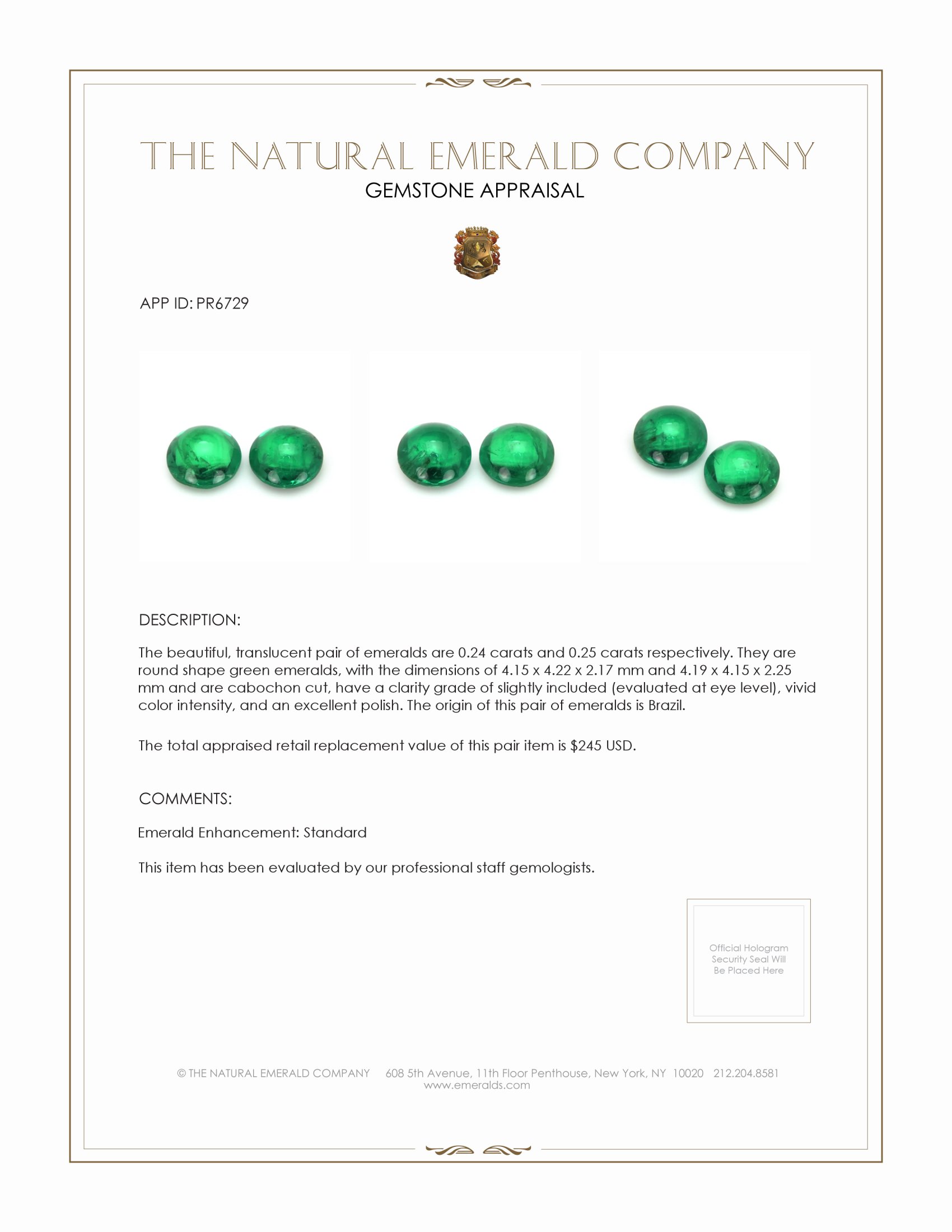 0.49 Ct.Tw. Cabochon Emerald Pair from Brazil