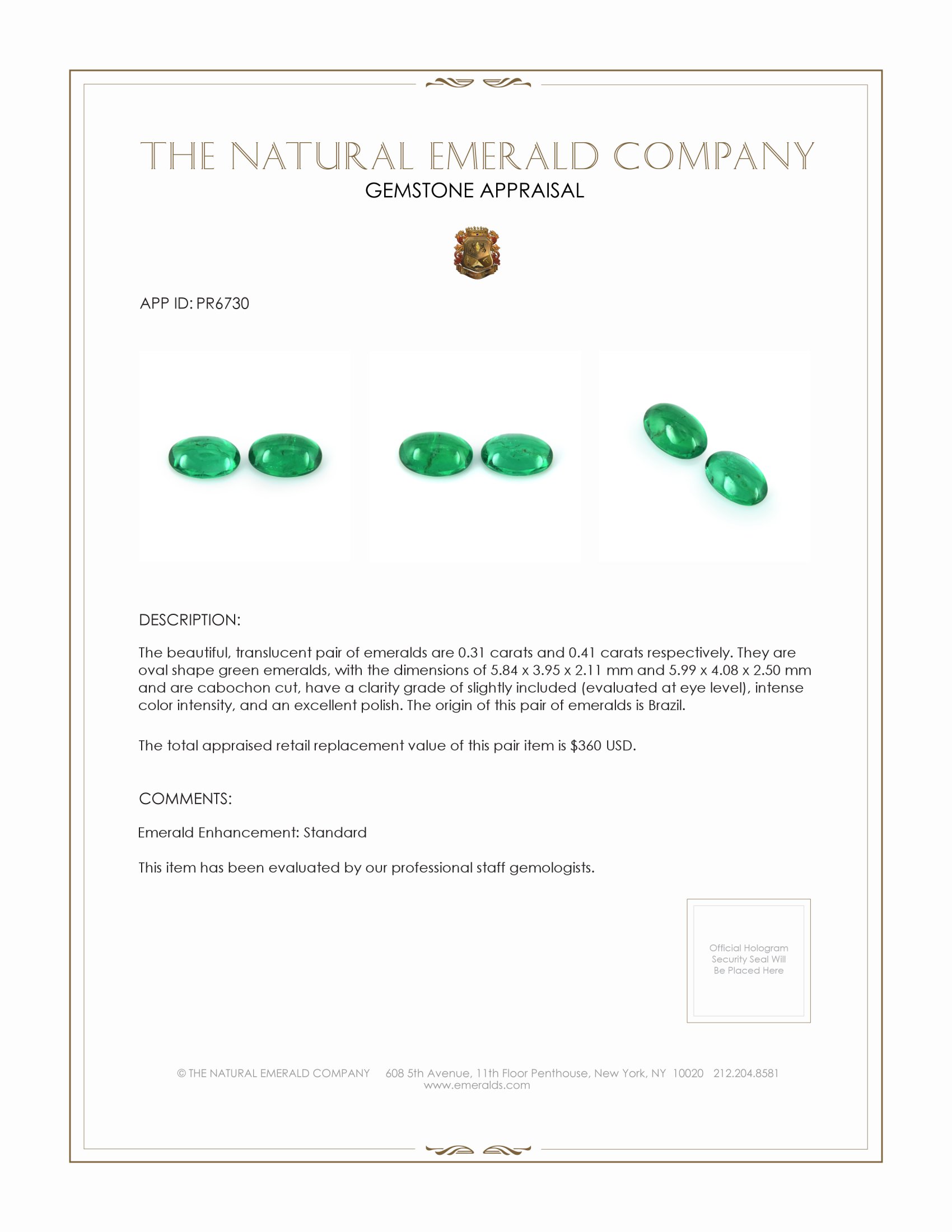 0.72 Ct.Tw. Cabochon Emerald Pair from Brazil