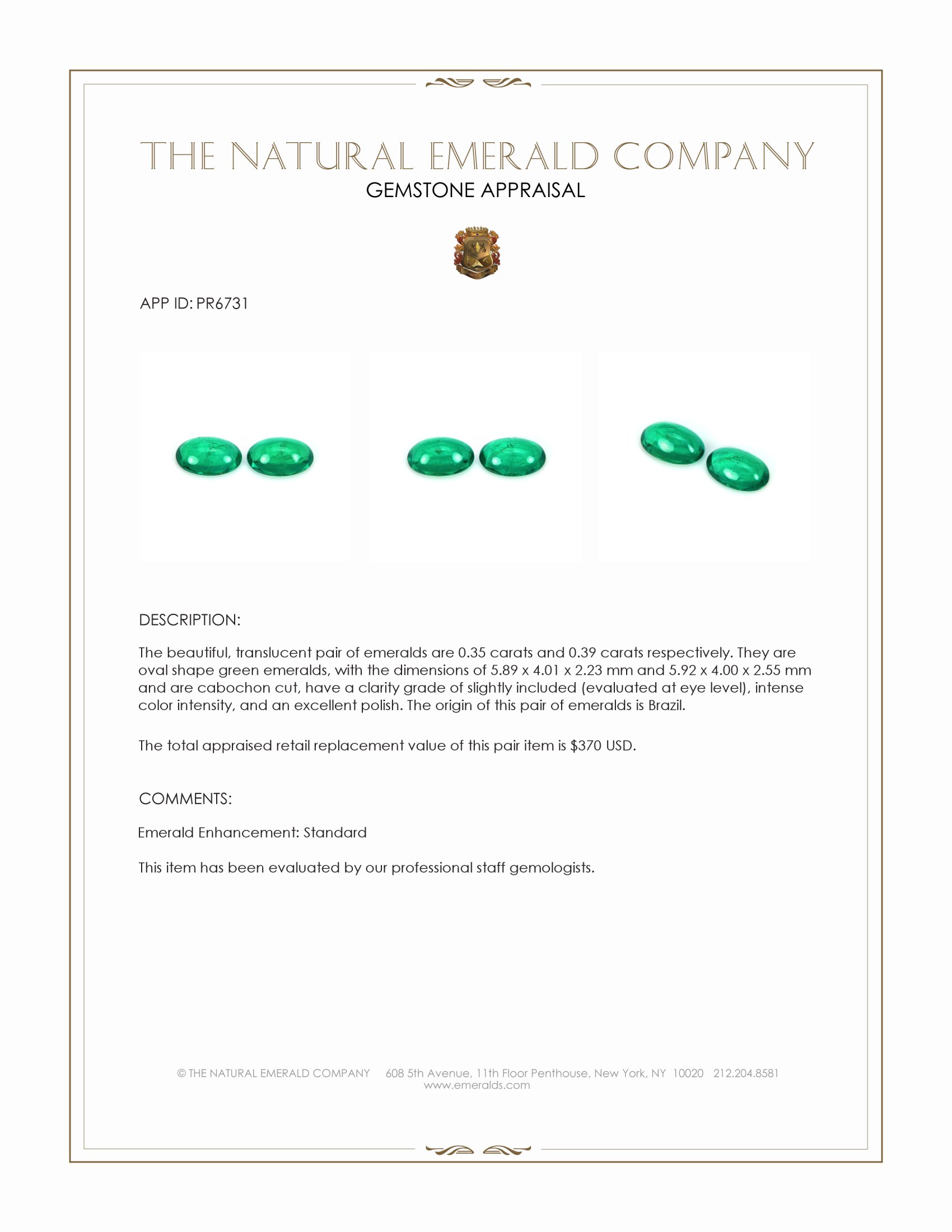 0.74 Ct.Tw. Cabochon Emerald Pair from Brazil
