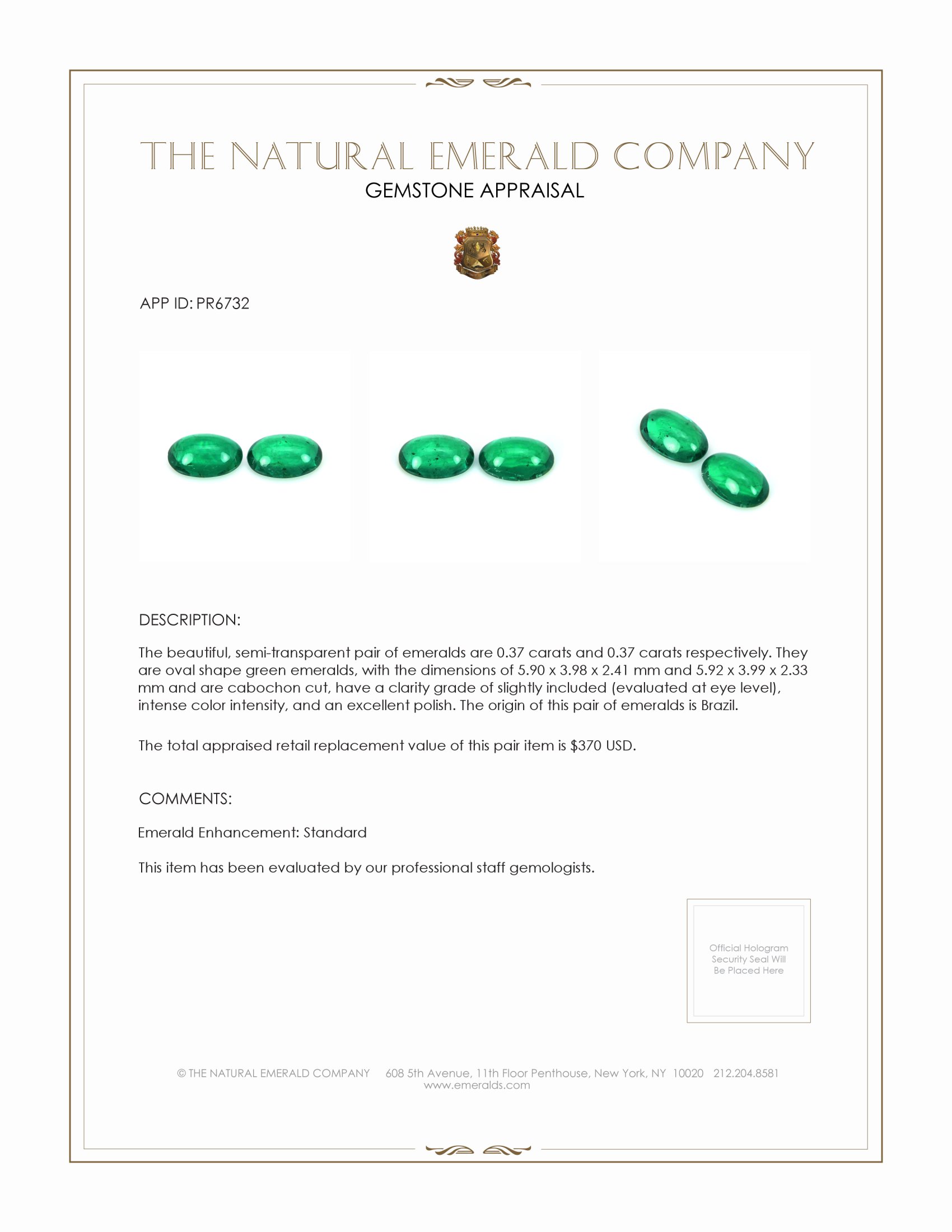 0.74 Ct.Tw. Cabochon Emerald Pair from Brazil