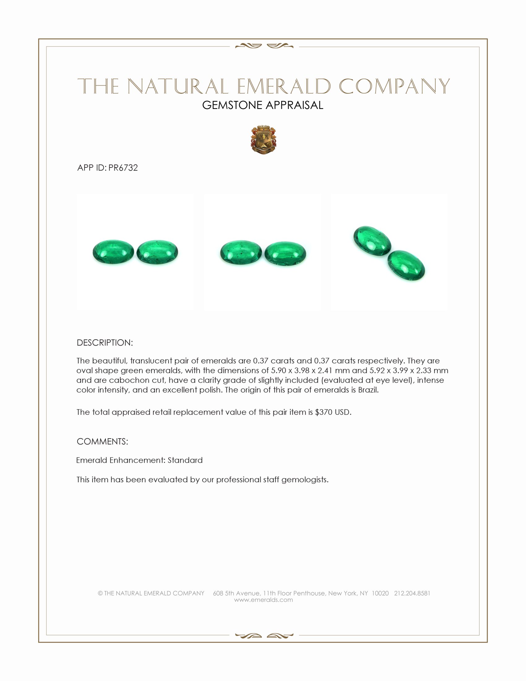 0.74 Ct.Tw. Cabochon Emerald Pair from Brazil