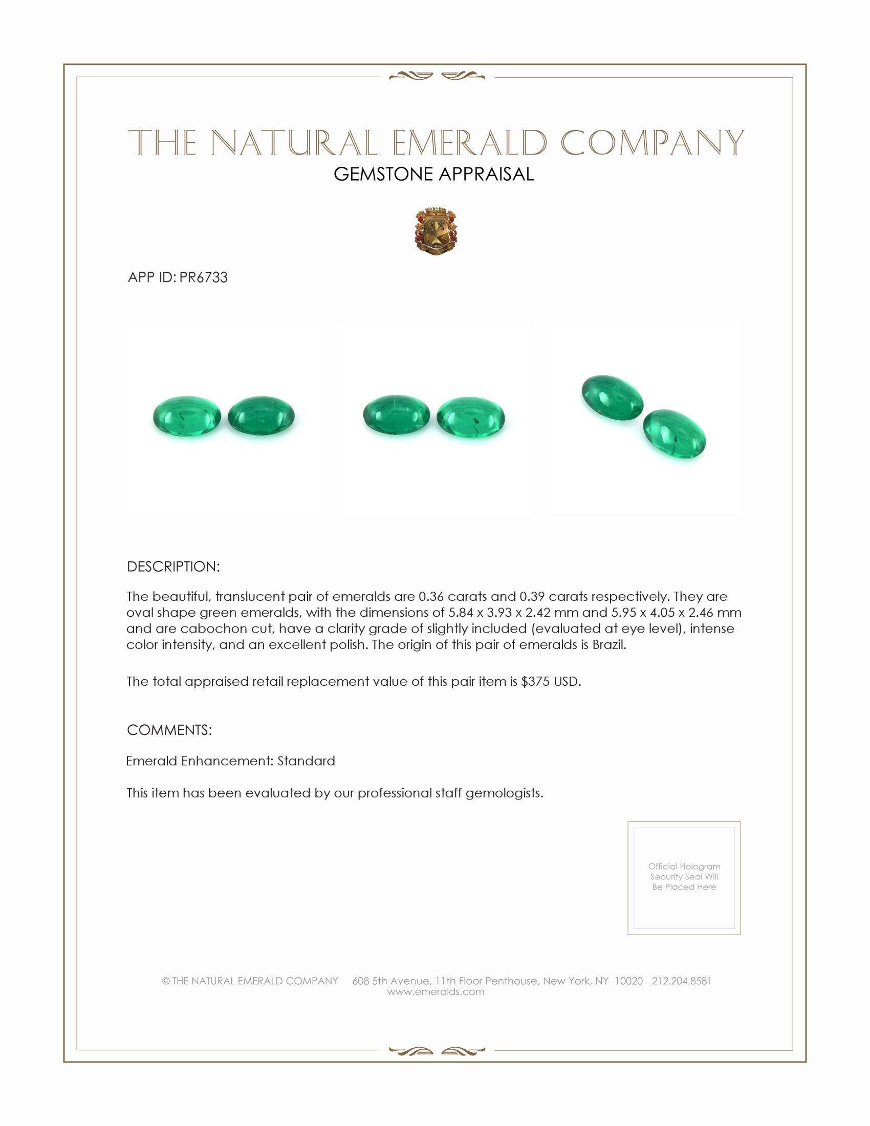 0.75 Ct.Tw. Cabochon Emerald Pair from Brazil