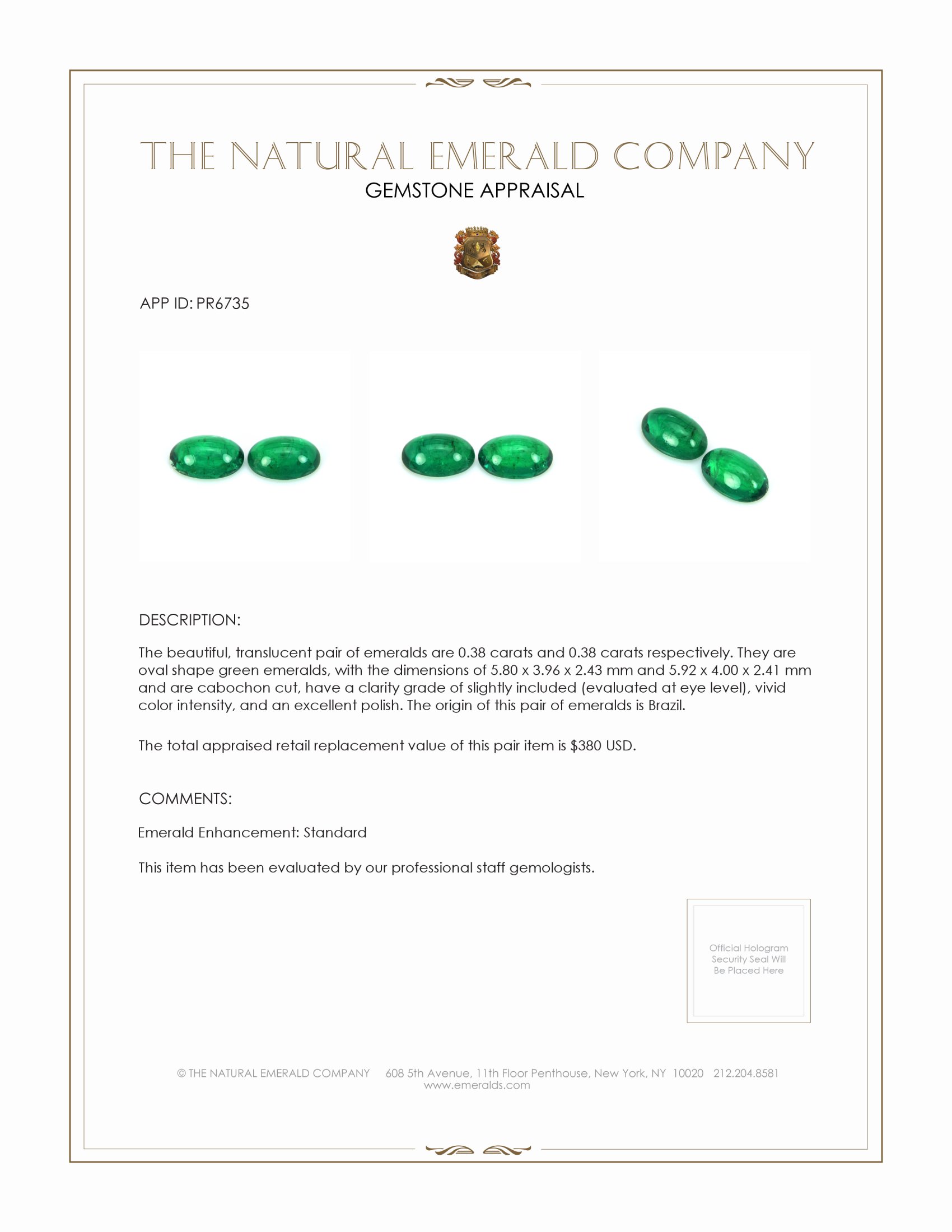 0.76 Ct.Tw. Cabochon Emerald Pair from Brazil