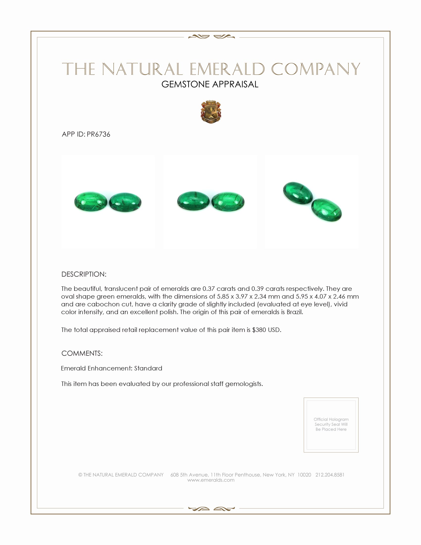 0.76 Ct.Tw. Cabochon Emerald Pair from Brazil