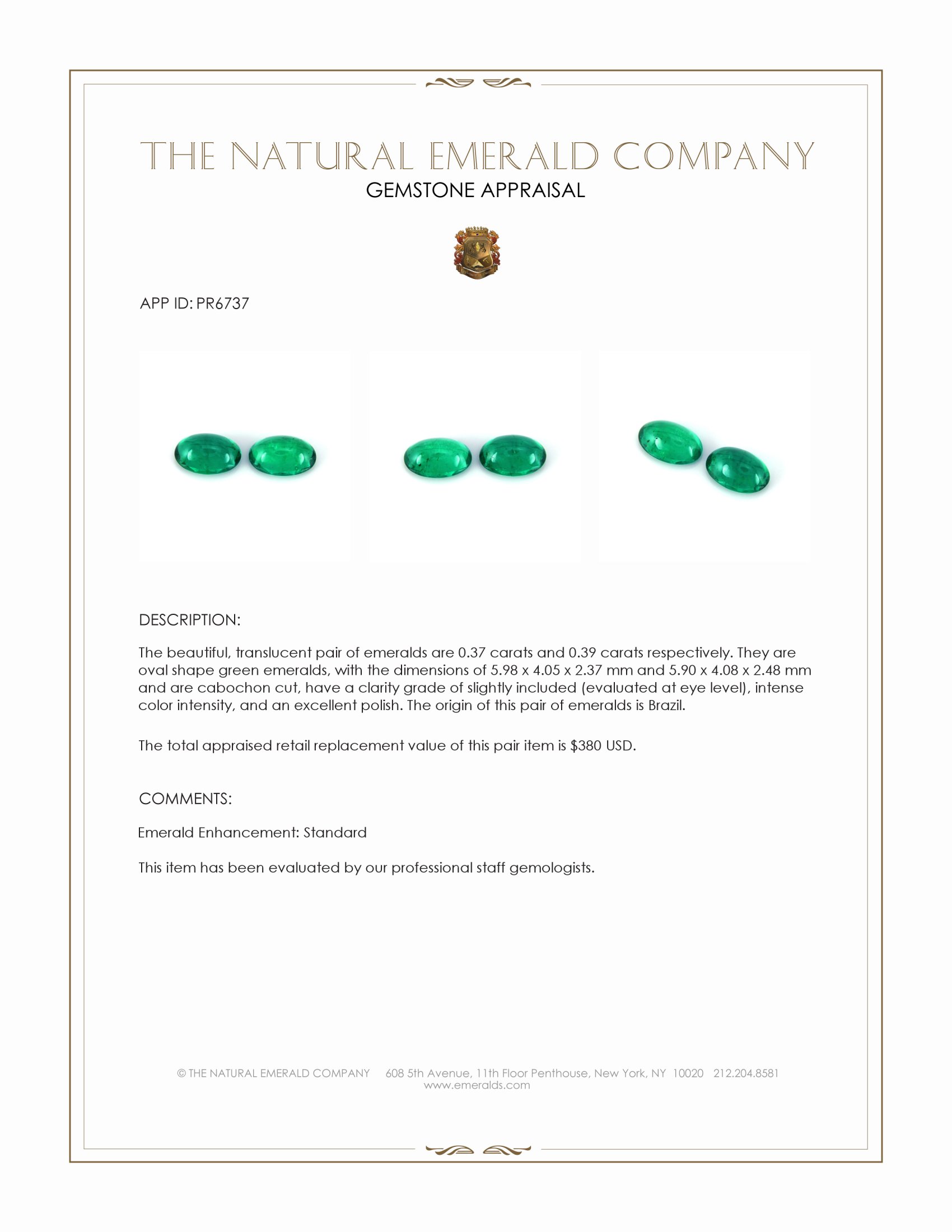 0.76 Ct.Tw. Cabochon Emerald Pair from Brazil